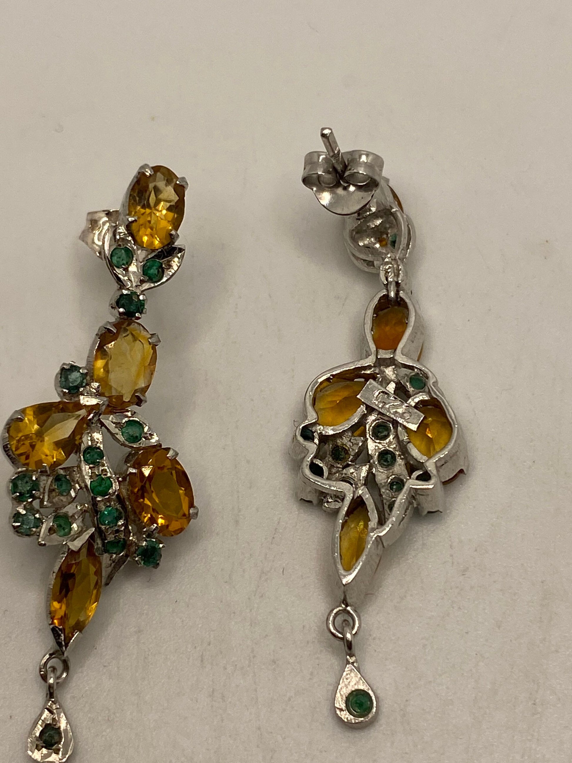 Vintage Citrine Emerald Earrings 925 Sterling Silver Deco