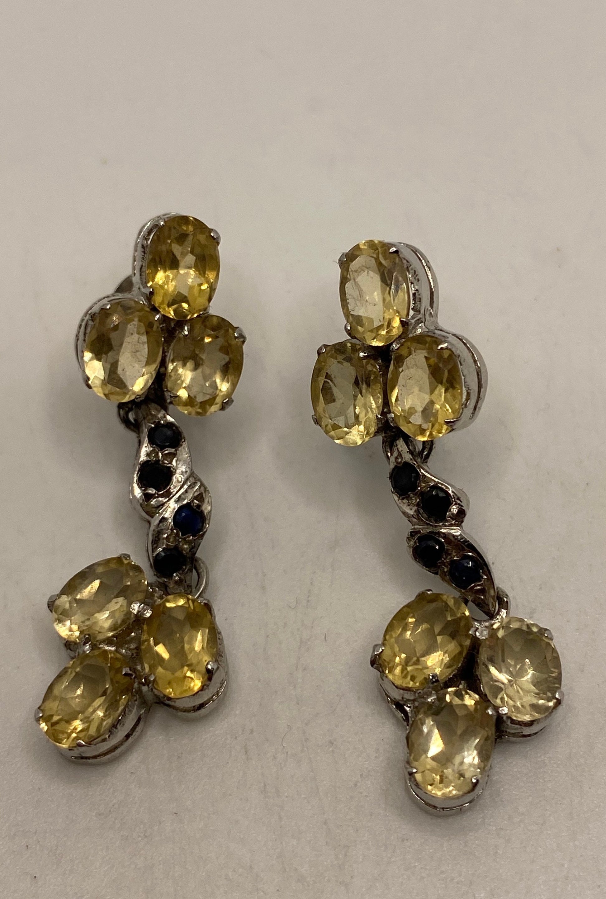 Vintage Citrine Sapphire Earrings 925 Sterling Silver Deco