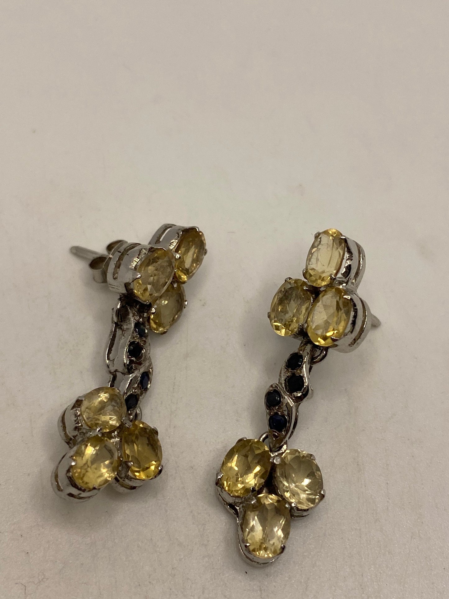 Vintage Citrine Sapphire Earrings 925 Sterling Silver Deco