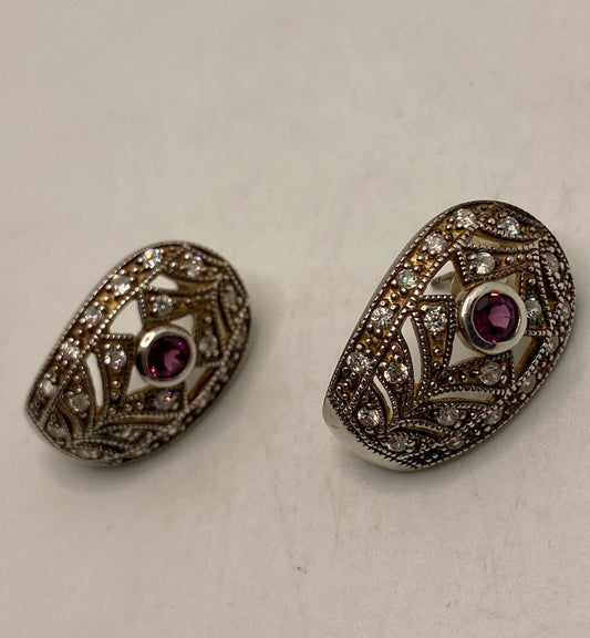 Vintage Handmade Sterling Silver Deep Pink Ruby Earrings