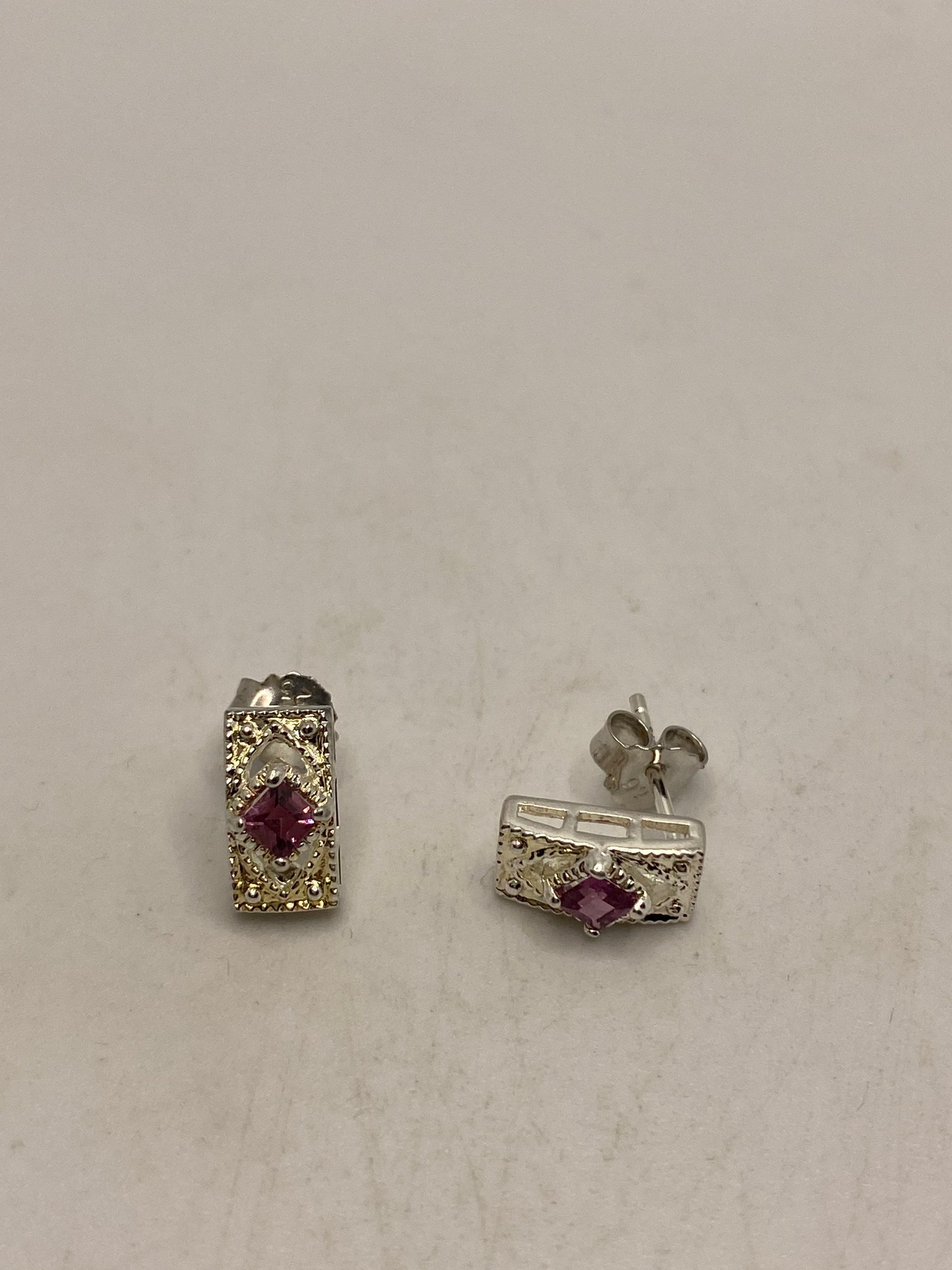 Vintage Pink Tourmaline Deco 925 Sterling Silver Earrings