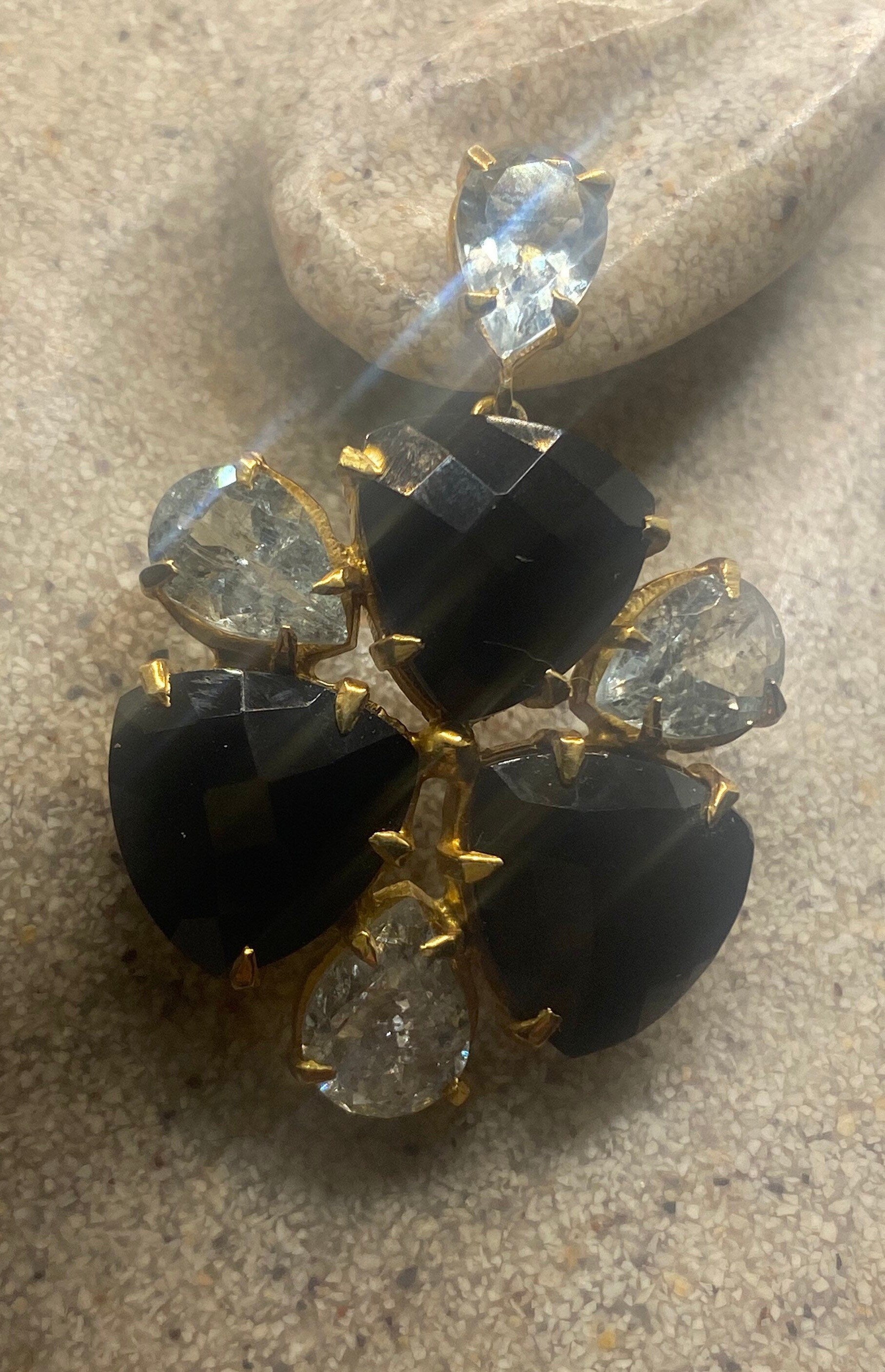 Vintage Black Onyx Blue Aquamarine 925 Sterling Silver Chandlelier Dangle Deco Earrings