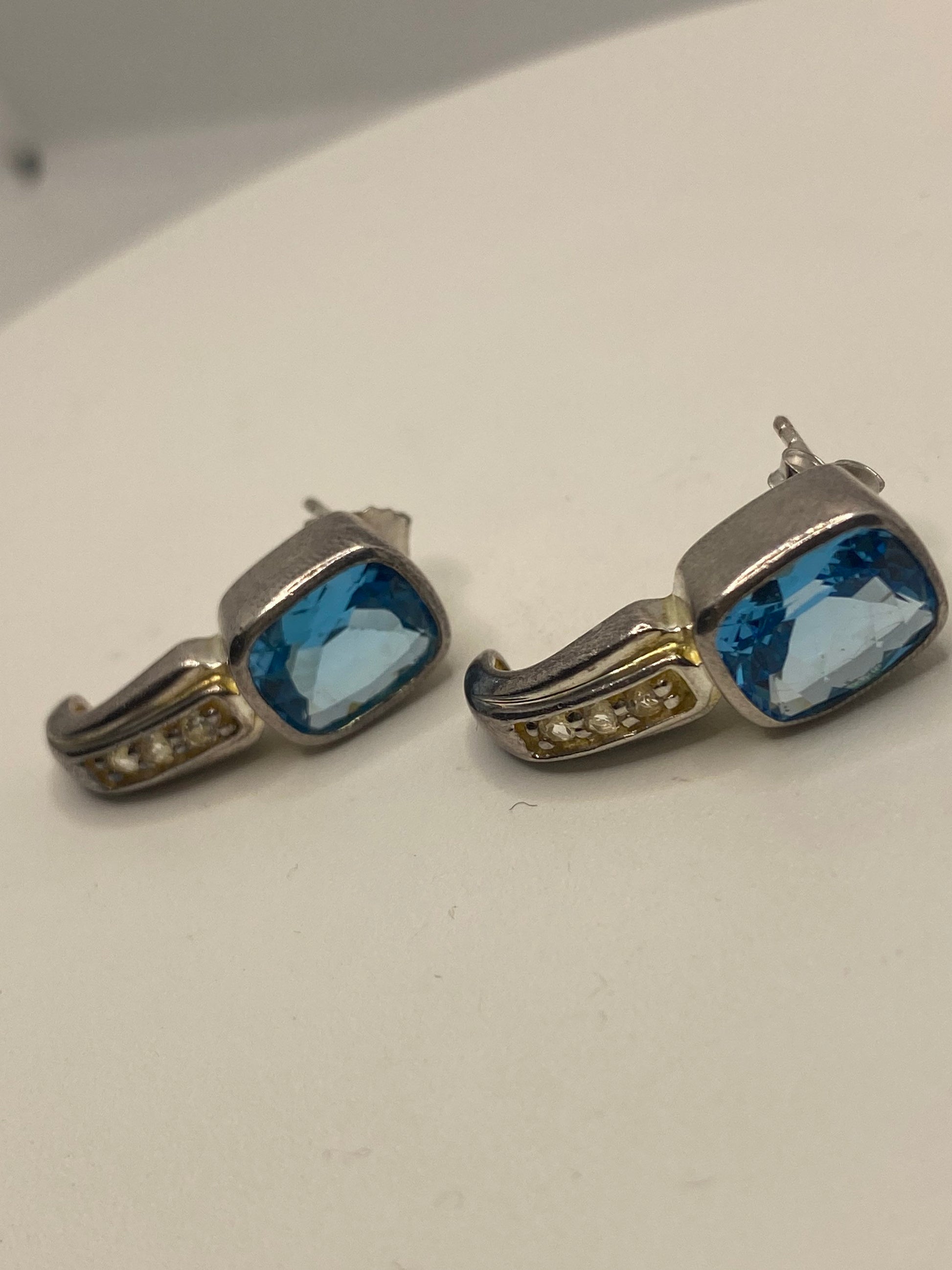 Vintage Genuine Blue Topaz Gemstone 925 Sterling Silver Earrings