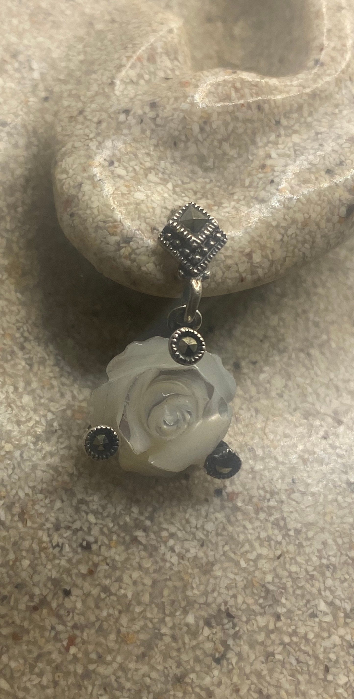 Vintage Marcasite Mother of Pearl Rose 925 Sterling Silver Dangle Earrings
