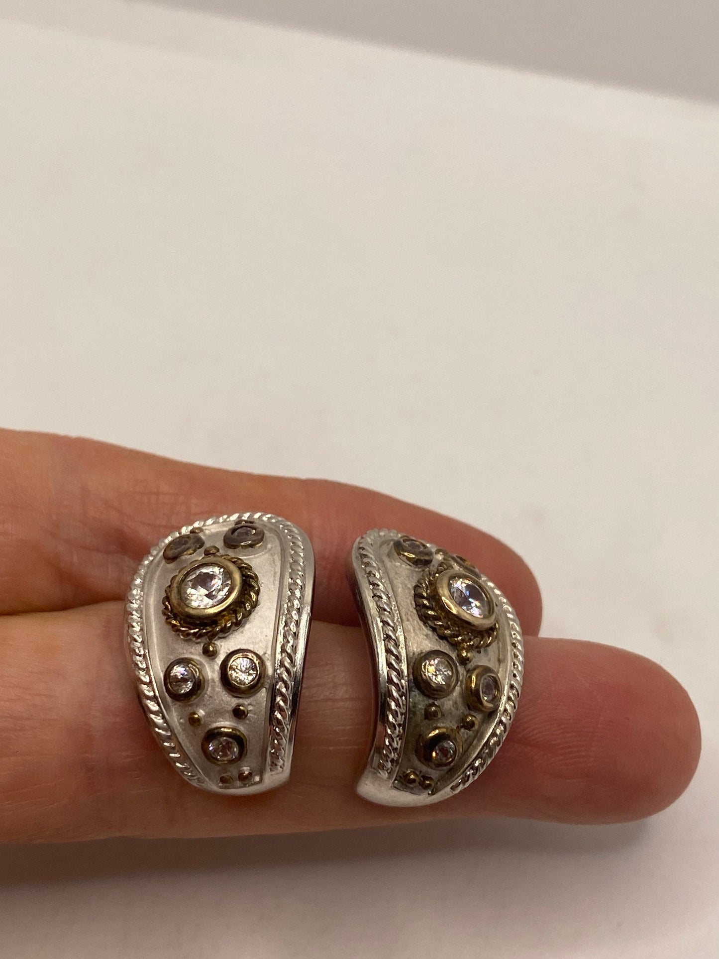 Vintage Genuine White Sapphire 925 Sterling Silver Dangle Hoop Earrings