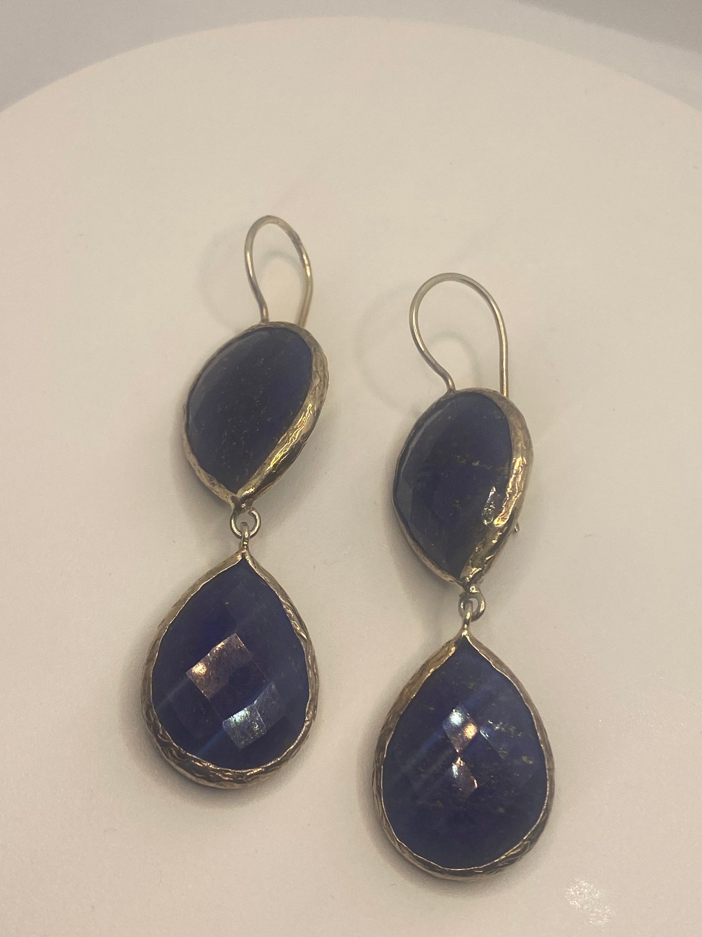 Vintage Blue Lapis Lazuli Earrings Golden 925 Sterling Silver Chandelier Dangle