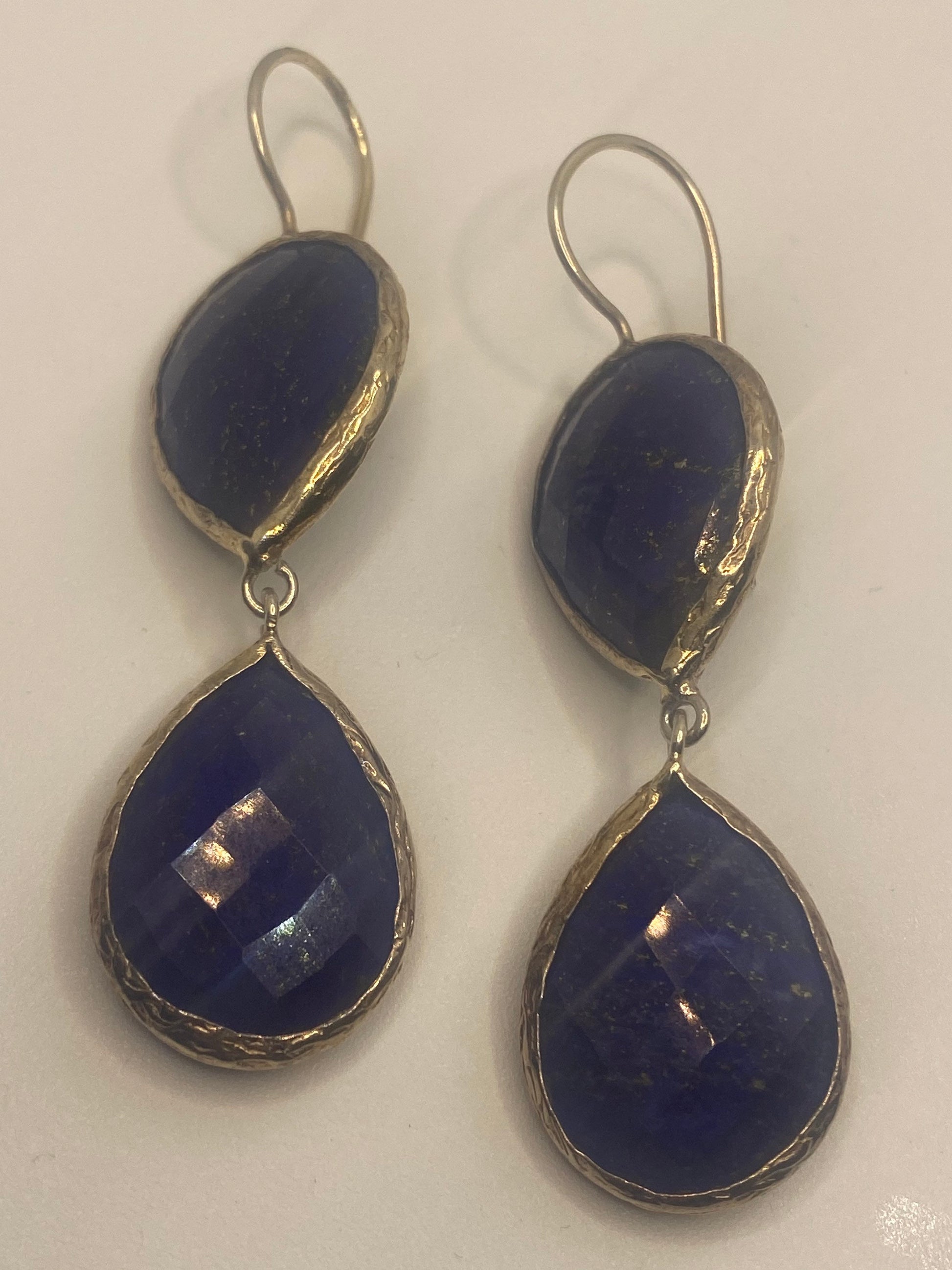 Vintage Blue Lapis Lazuli Earrings Golden 925 Sterling Silver Chandelier Dangle