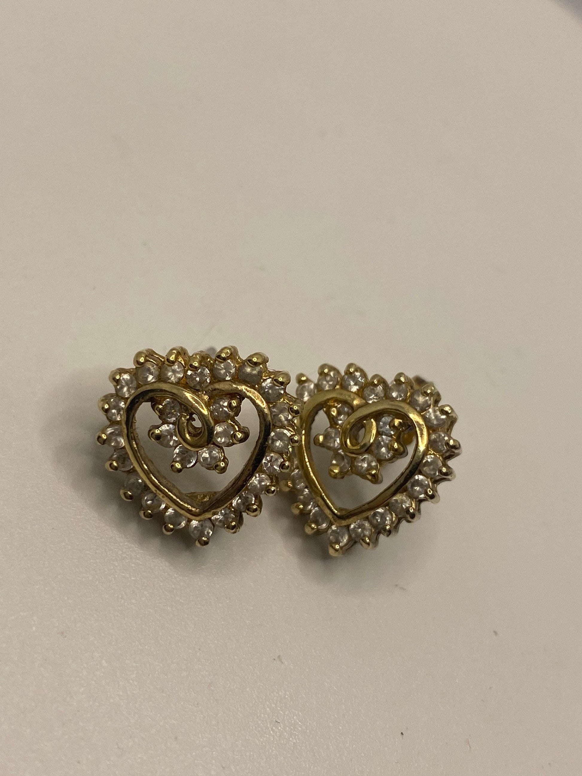 Vintage Diamond Heart Studs Golden 925 Sterling Silver Earrings