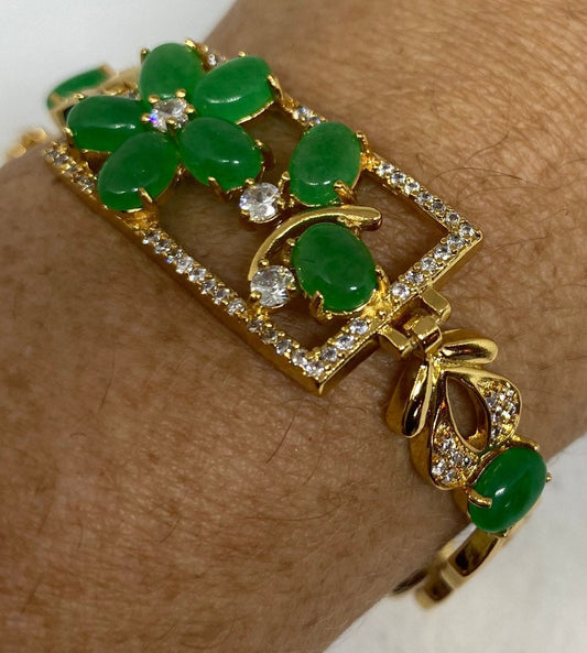 Vintage Green Jade Bracelet in Golden White Bronze