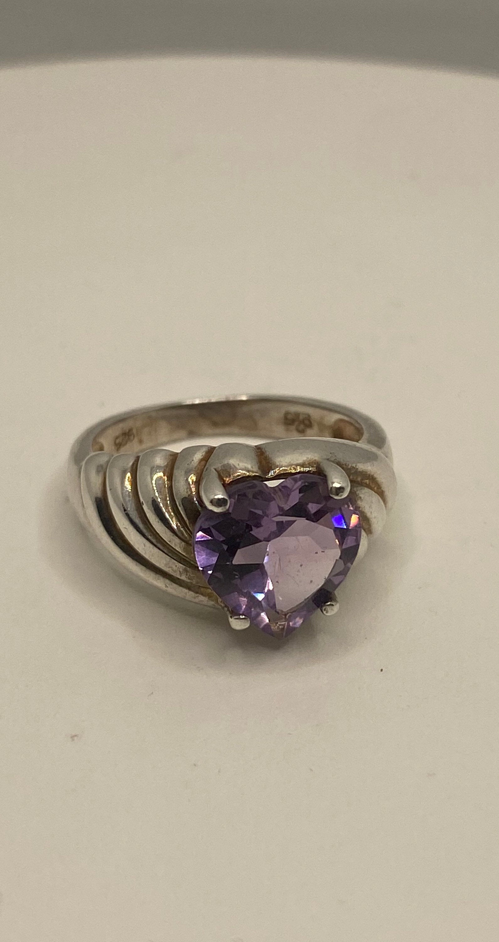 Vintage Purple Amethyst Heart 925 Sterling Silver Ring