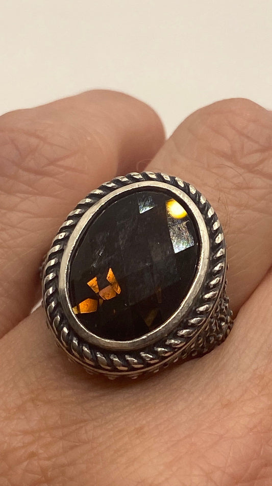 Vintage Smoky Topaz Setting 925 Sterling Silver Gothic Ring Size 4