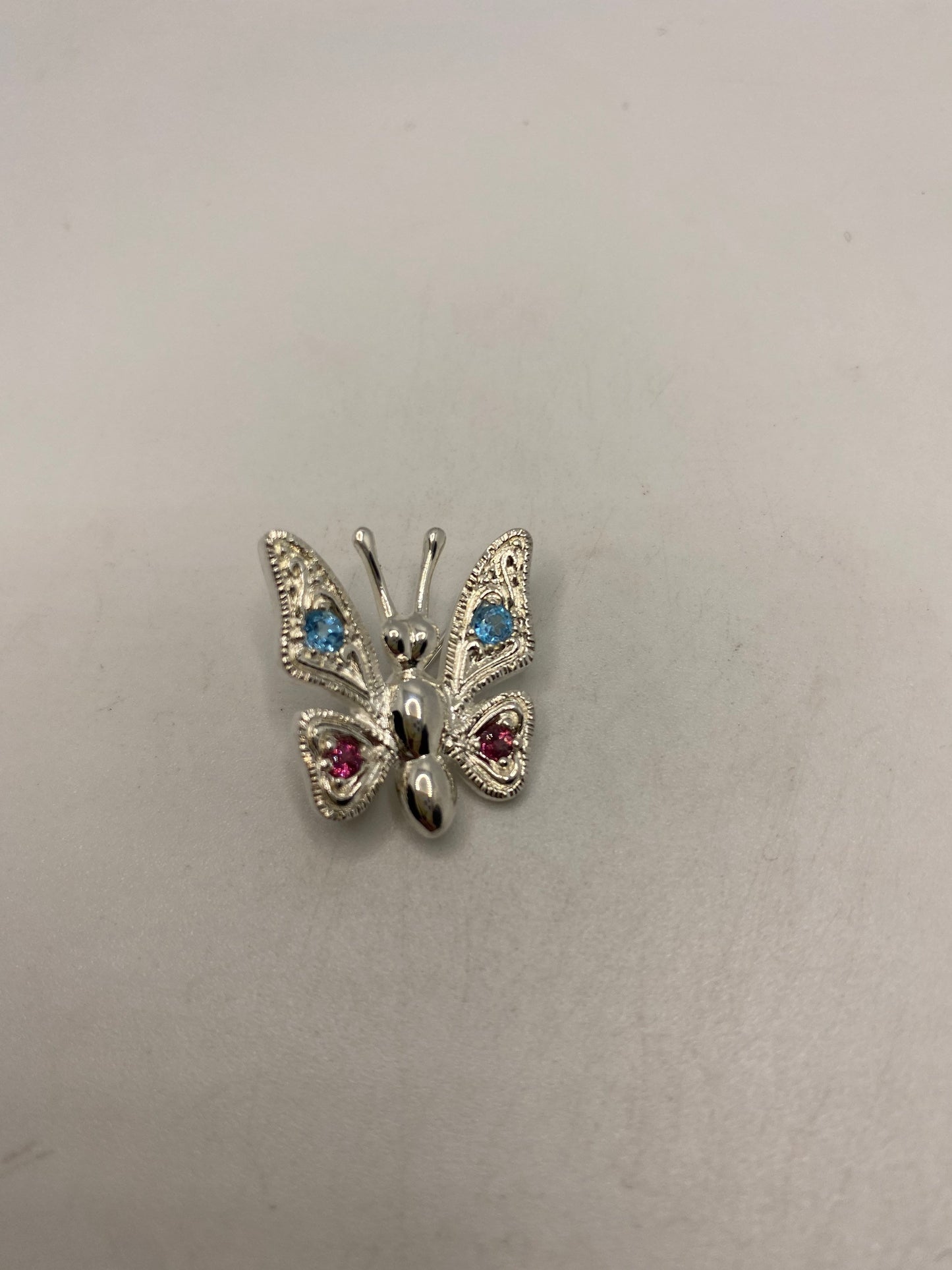 Vintage Blue Topaz and Garnet pin 925 Sterling Silver Butterfly Brooch