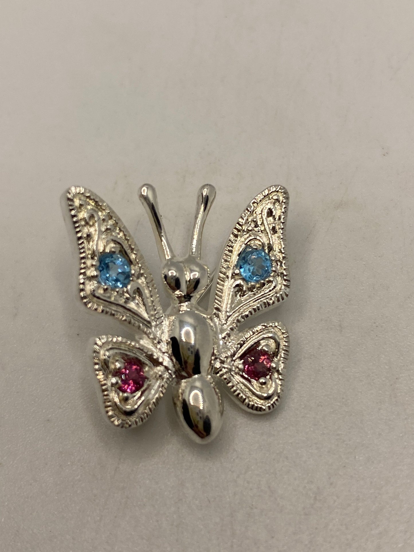 Vintage Blue Topaz and Garnet pin 925 Sterling Silver Butterfly Brooch