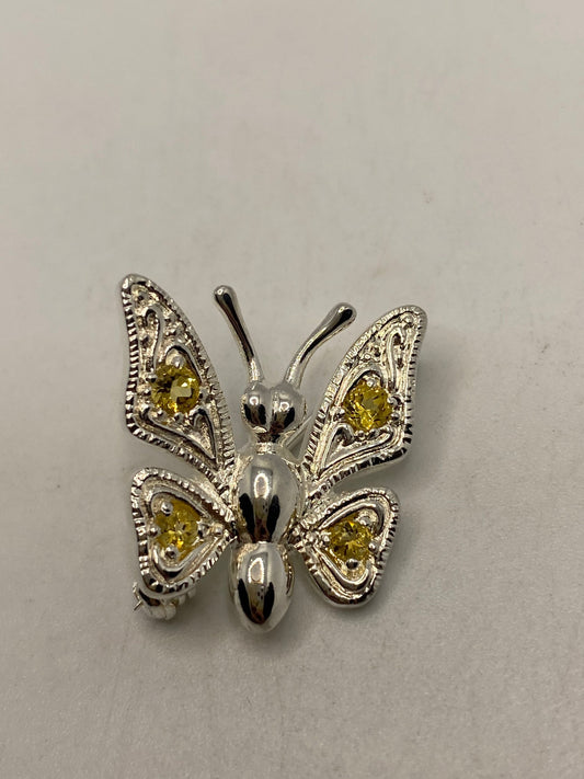 Vintage Golen Citrine Pin 925 Sterling Silver Butterfly Brooch