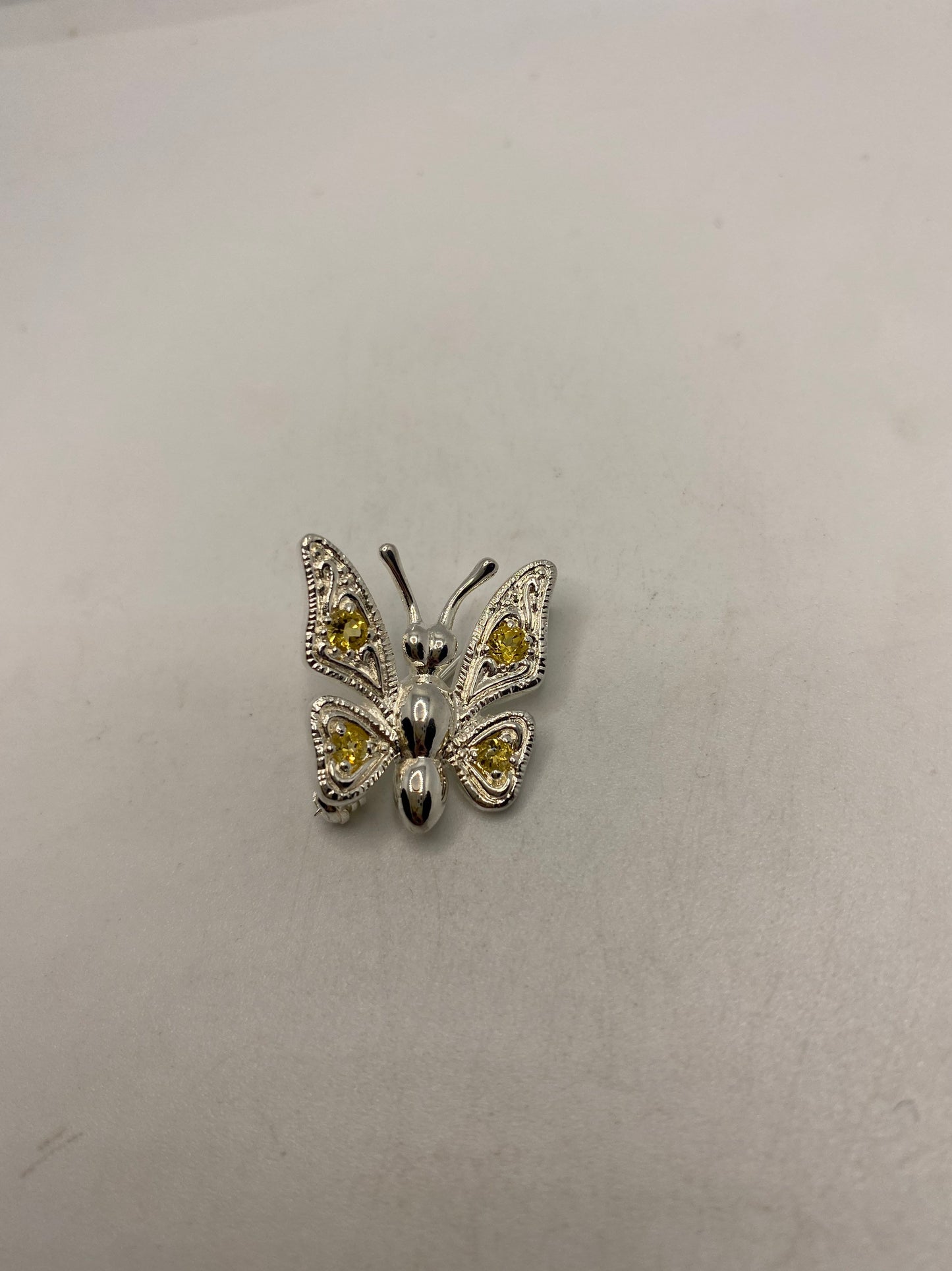 Vintage Golen Citrine Pin 925 Sterling Silver Butterfly Brooch