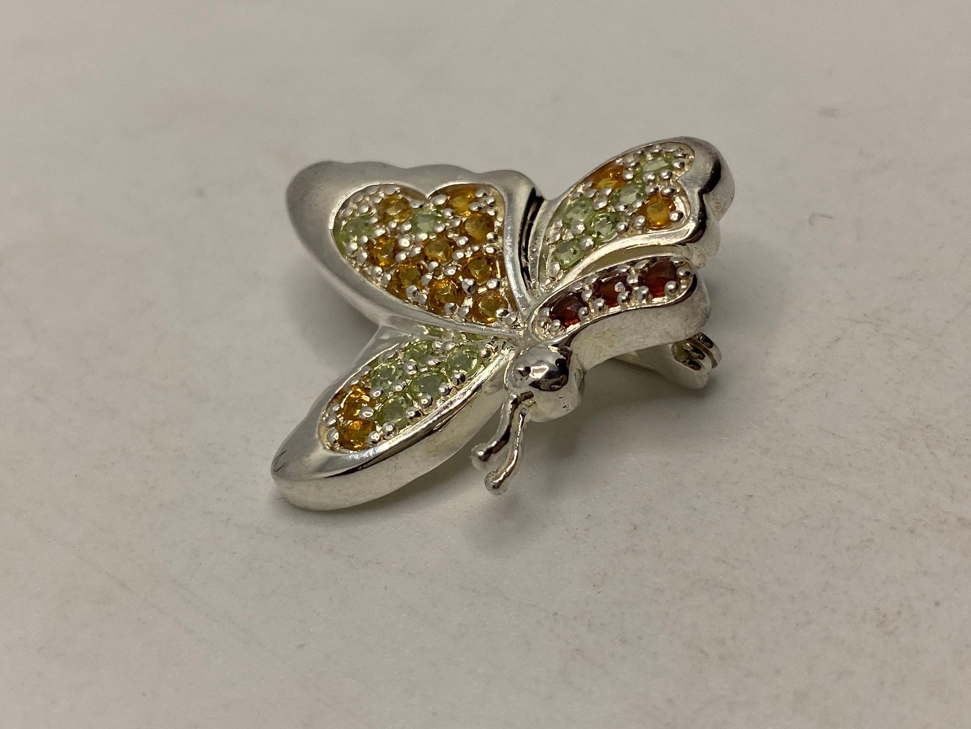Vintage Citrine Peridot and Garnet pin 925 Sterling Silver Butterfly Brooch