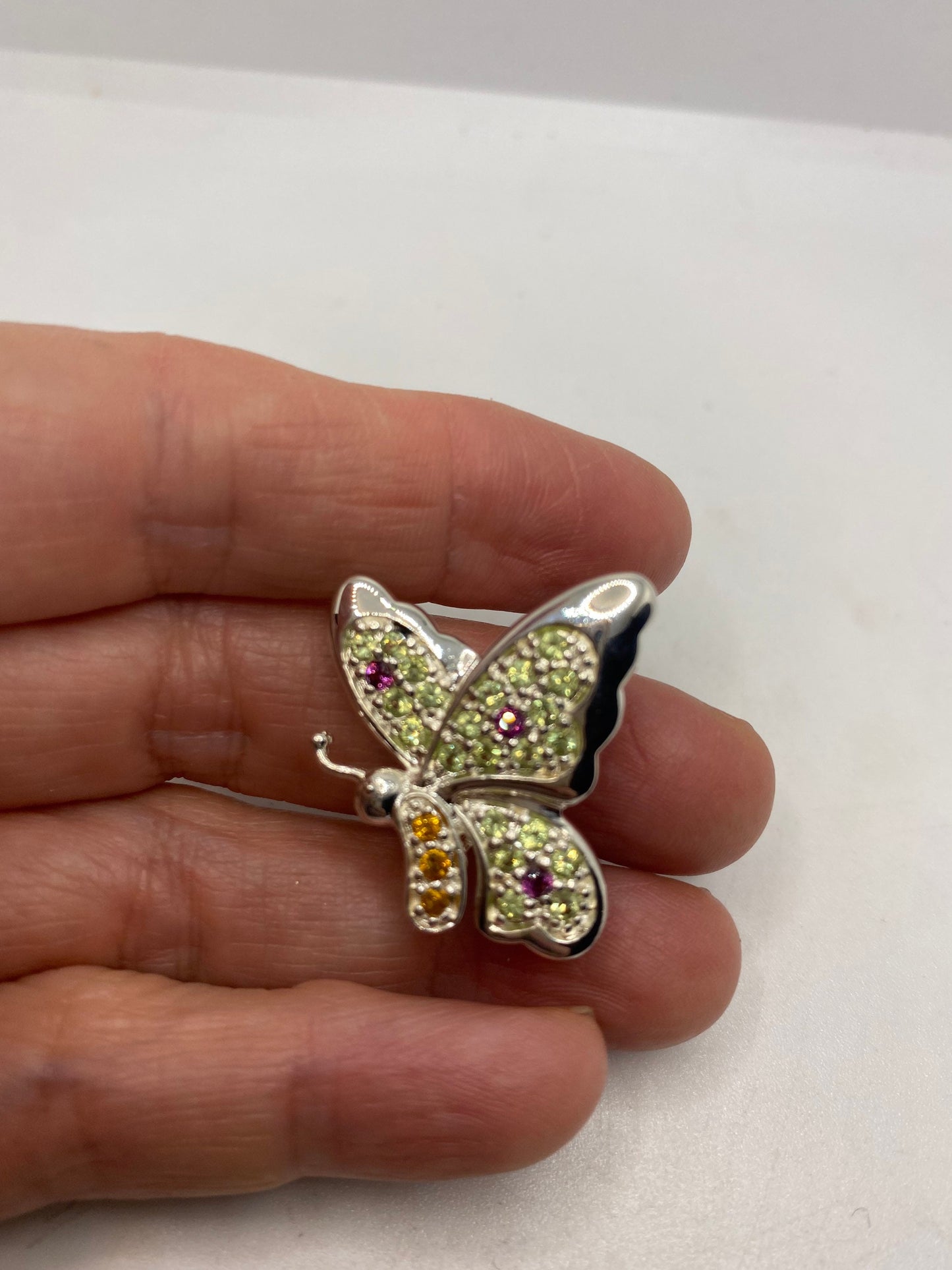 Vintage Citrine Peridot and red tourmaline pin 925 Sterling Silver Butterfly Brooch