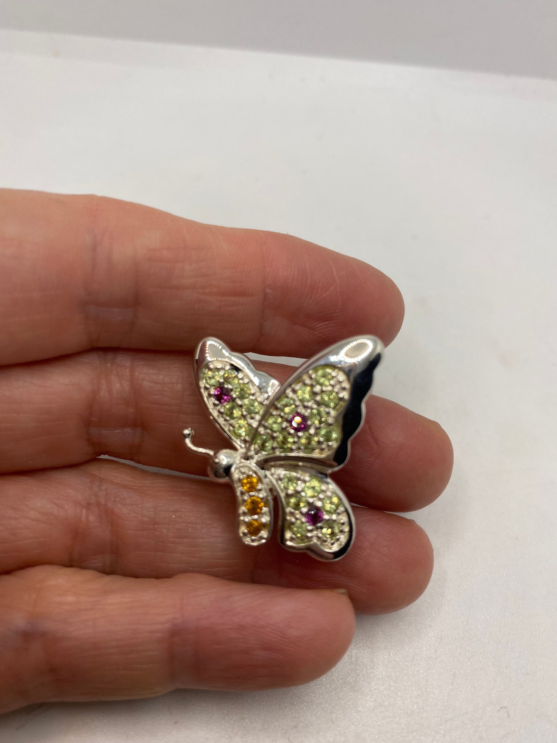 Vintage Citrine Peridot and red tourmaline pin 925 Sterling Silver Butterfly Brooch