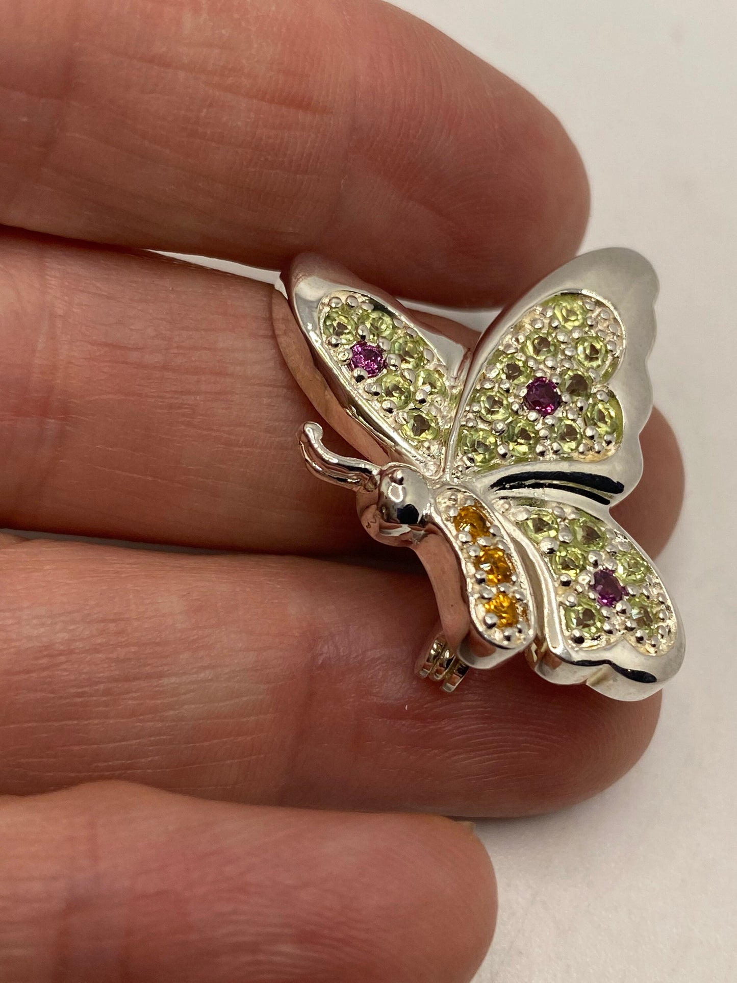 Vintage Citrine Peridot and red tourmaline pin 925 Sterling Silver Butterfly Brooch