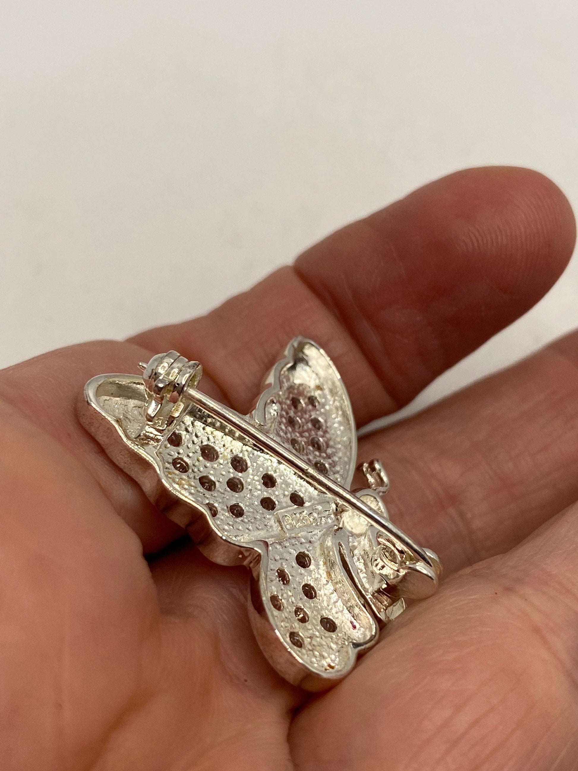Vintage White Sapphire Pin 925 Sterling Silver Butterfly Brooch