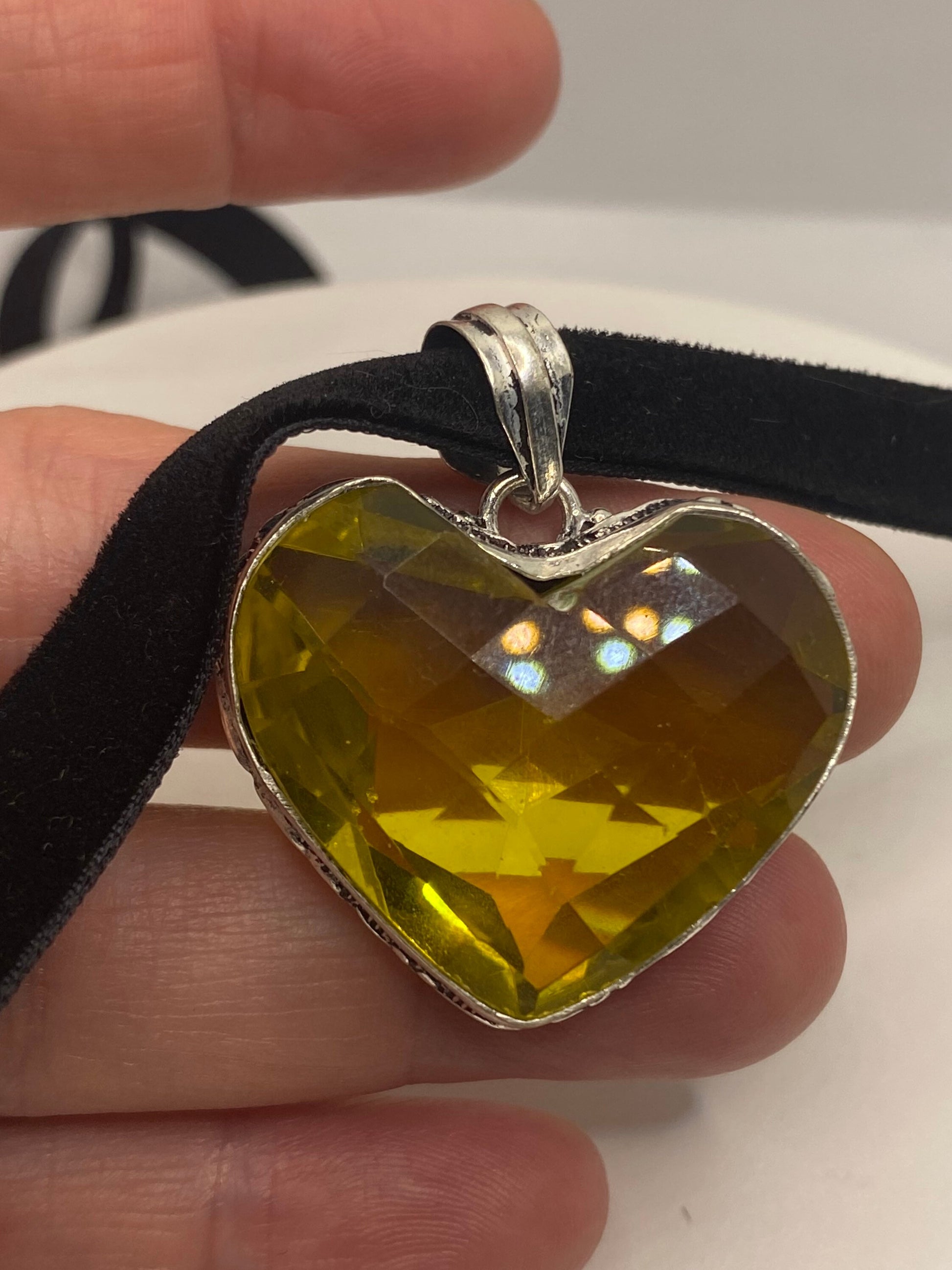 Vintage Heart Lemon Yellow Glass Antique Velvet Choker Necklace