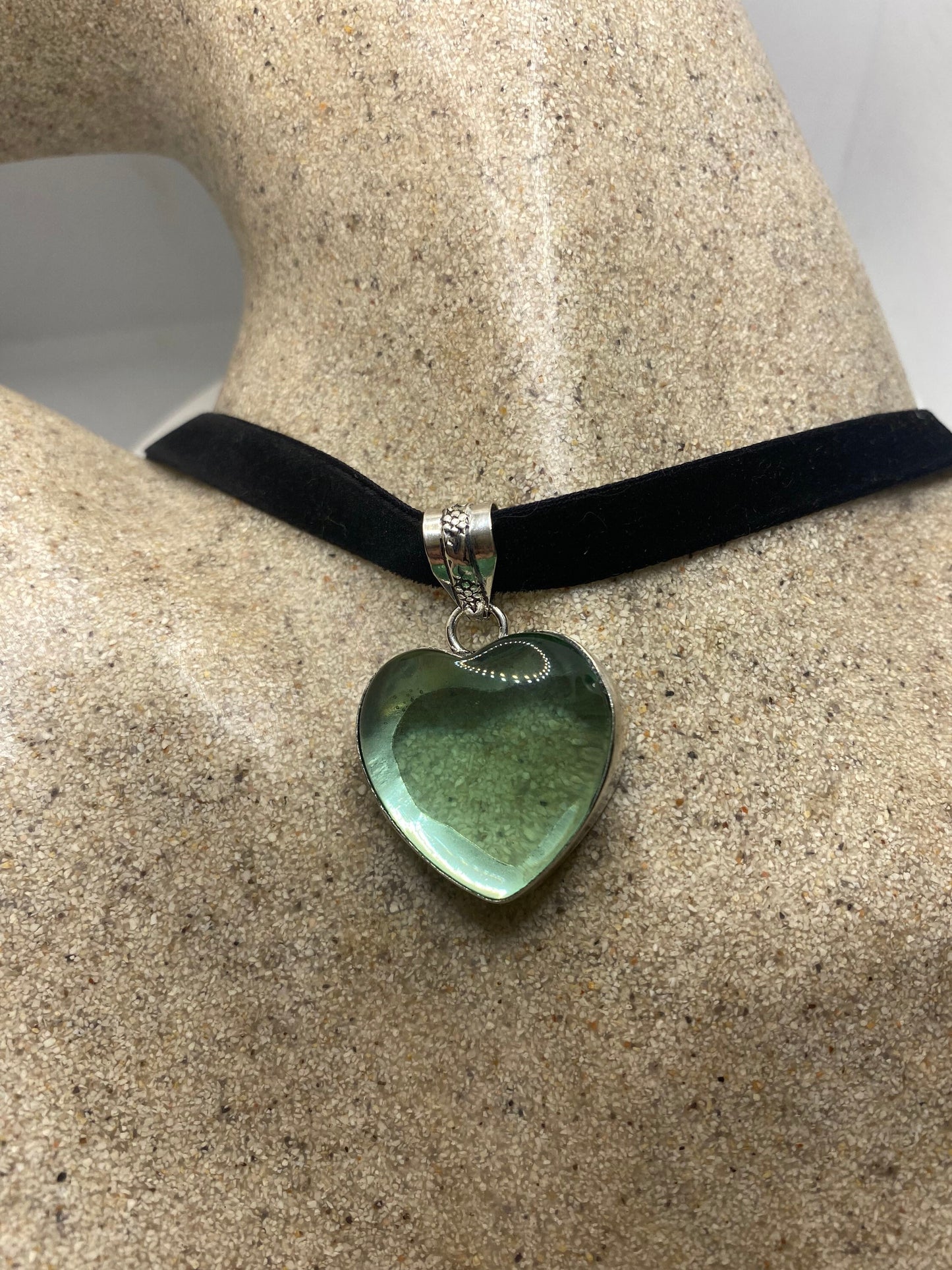 Vintage Heart Antique Aqua Glass Choker Necklace