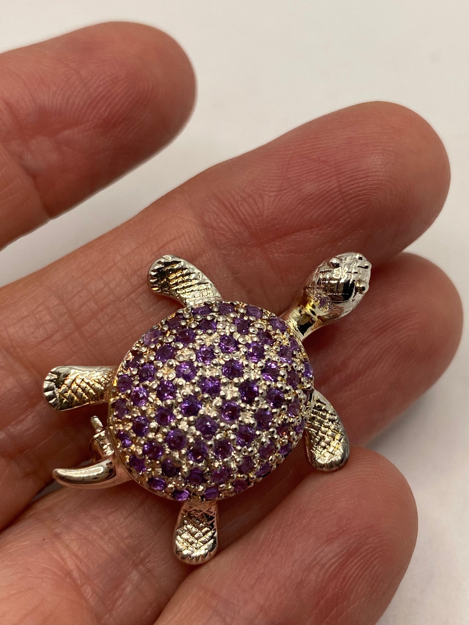 Vintage Purple Amethyst Turtle Pin 925 Sterling Silver Brooch