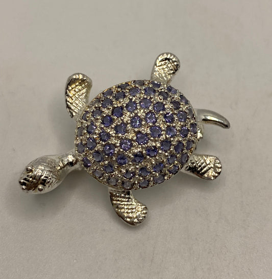 Vintage Blue Iolite Turtle Pin 925 Sterling Silver Brooch