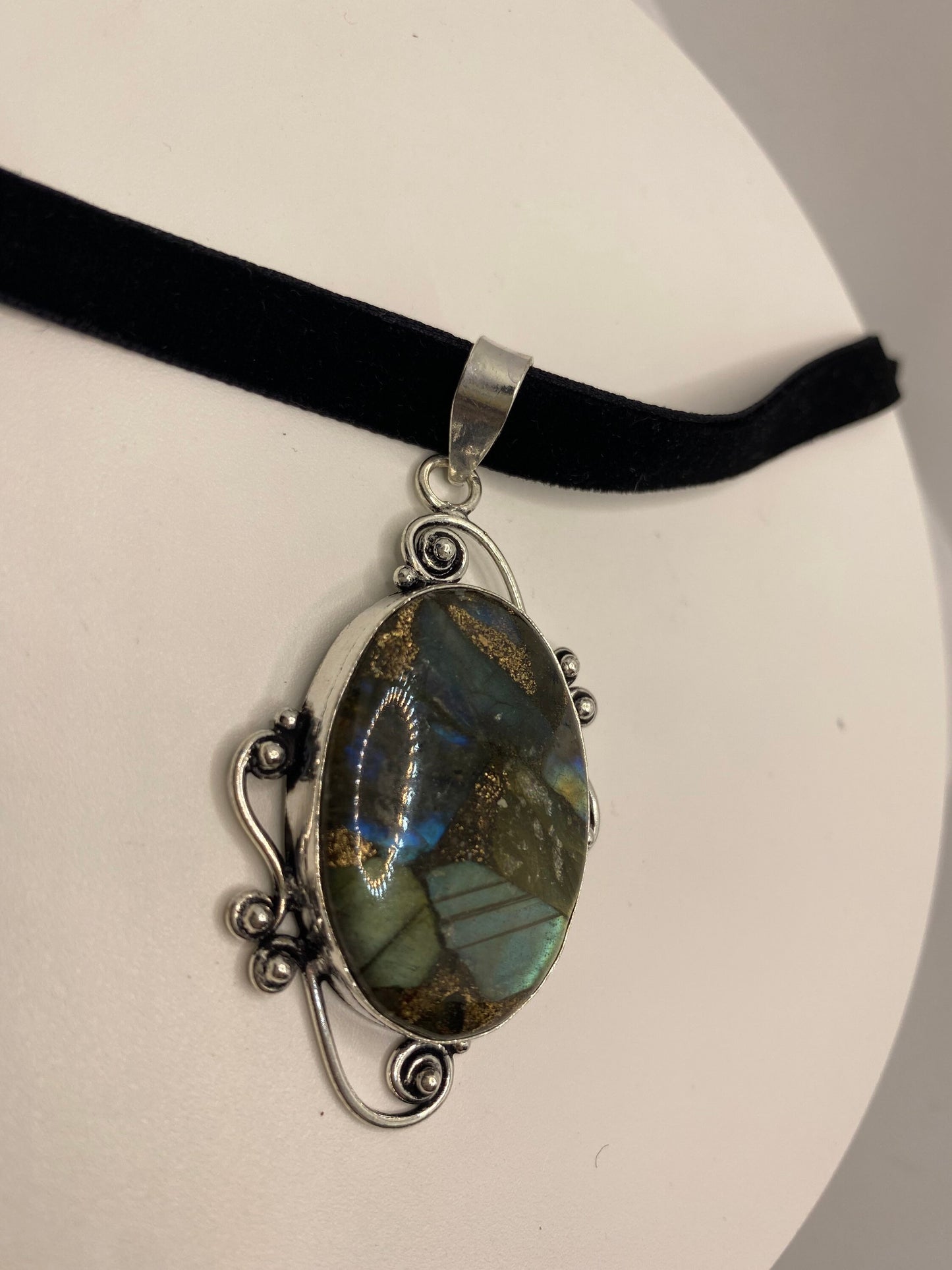 Vintage Rainbow Labradorite Mosaic Choker Pendant Necklace