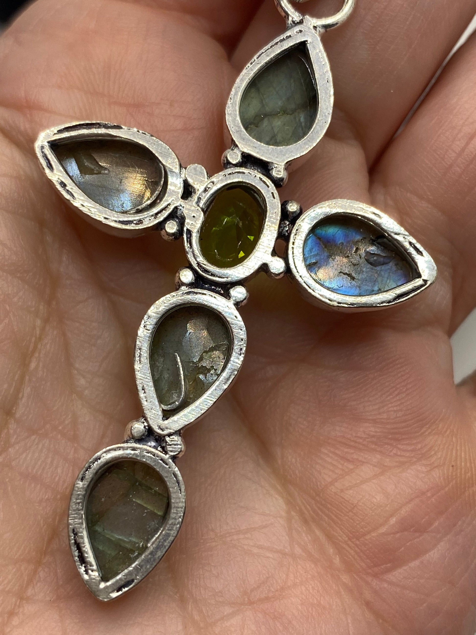 Vintage Rainbow Labradorite Cross Choker Pendant Necklace