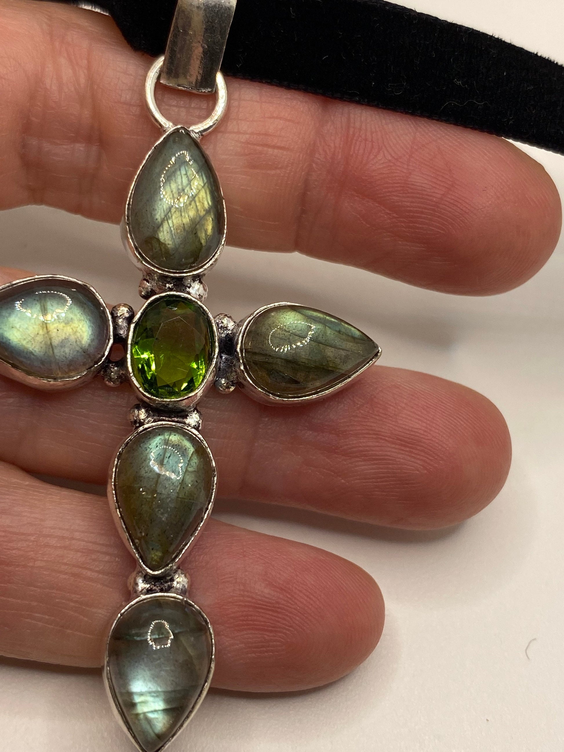 Vintage Rainbow Labradorite Cross Choker Pendant Necklace