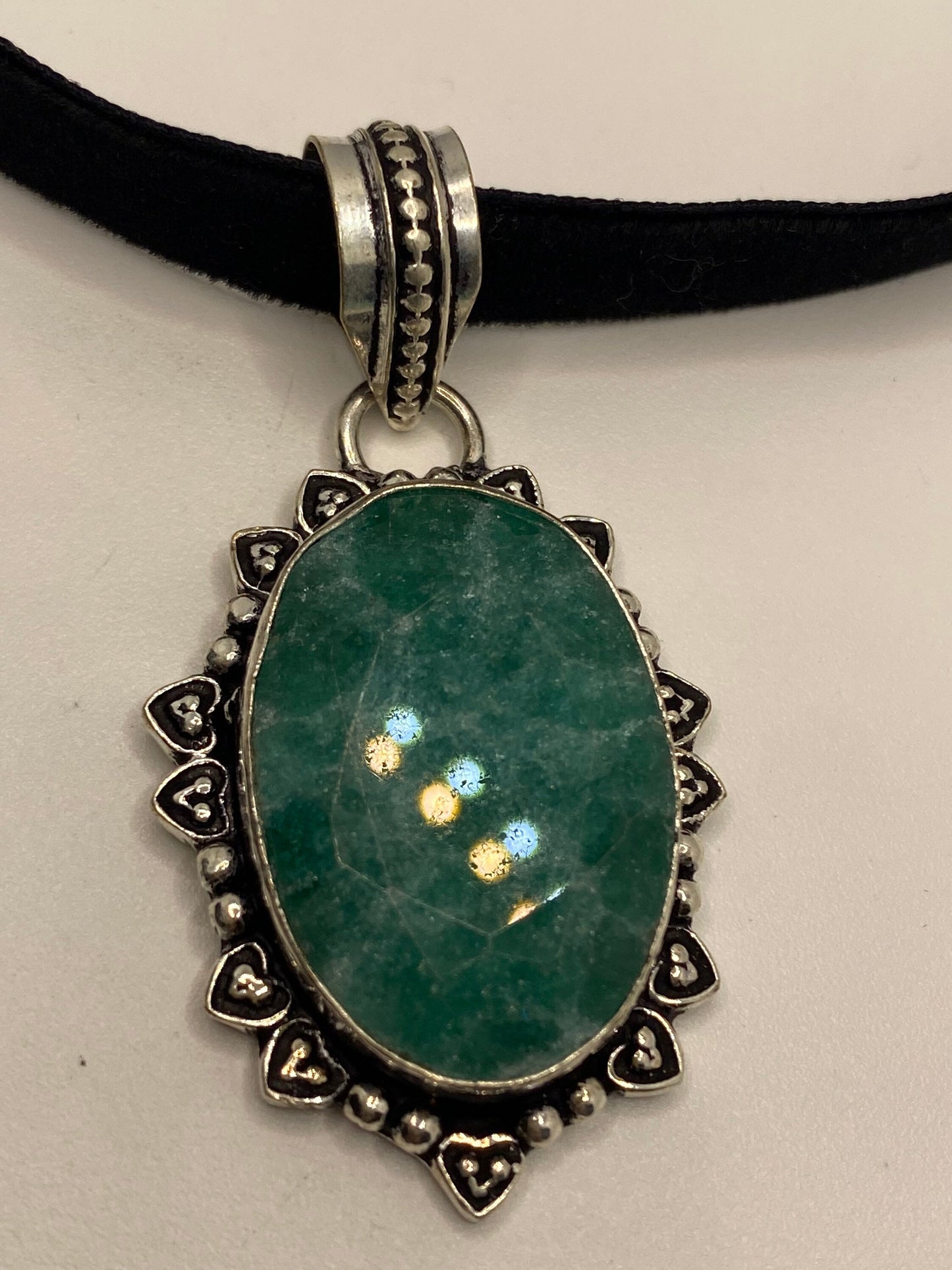 Vintage Green Raw Emerald Crystal Black Velvet Choker Pendant