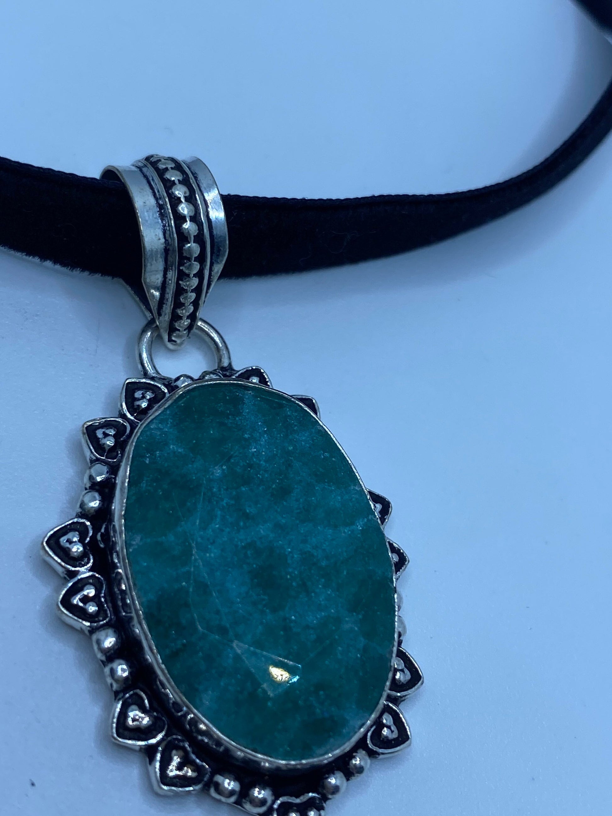 Vintage Green Raw Emerald Crystal Black Velvet Choker Pendant