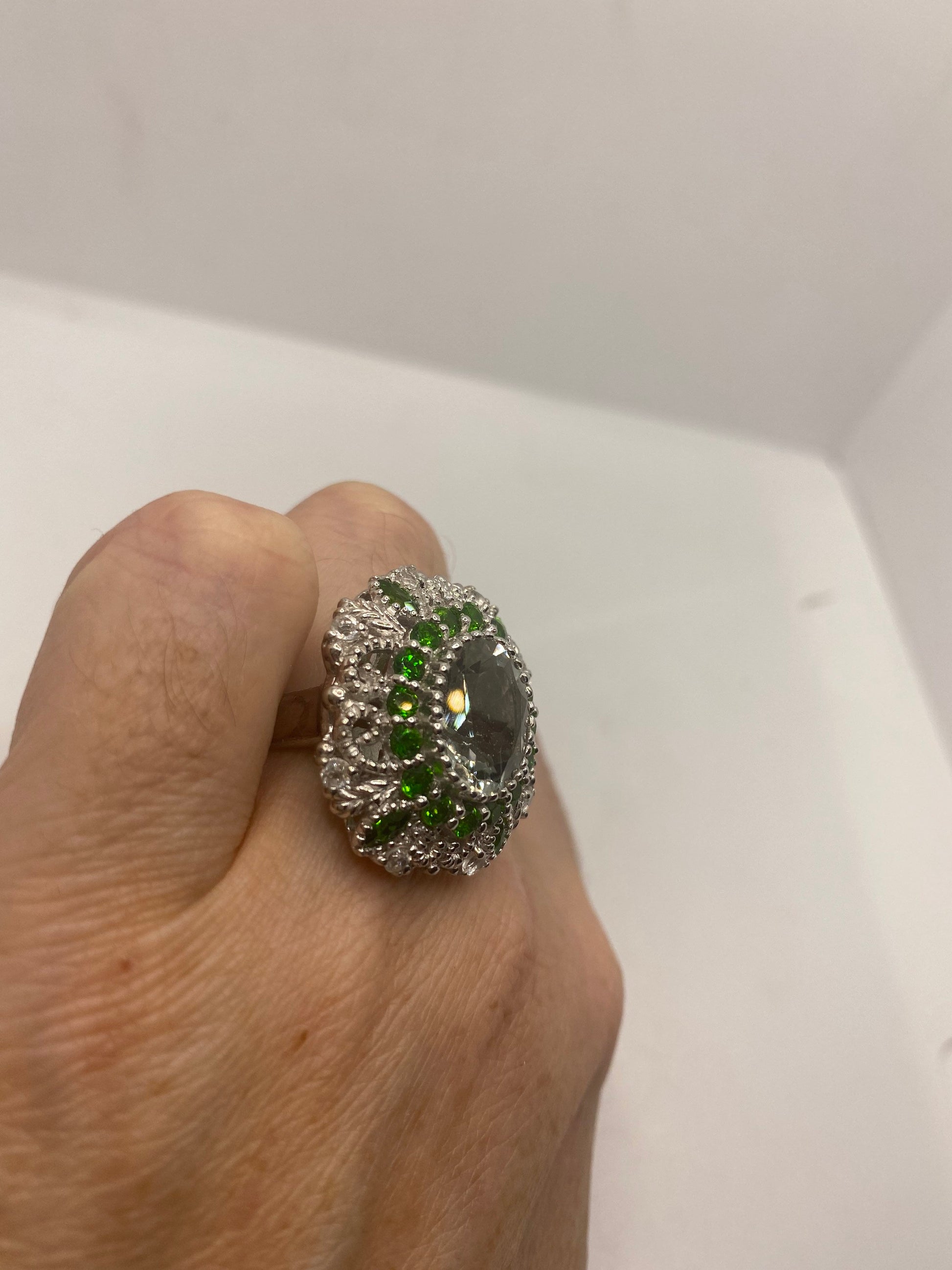 Vintage Green Amethyst, Crome Diopside and White Sapphire 925 Sterling Silver Cocktail Ring