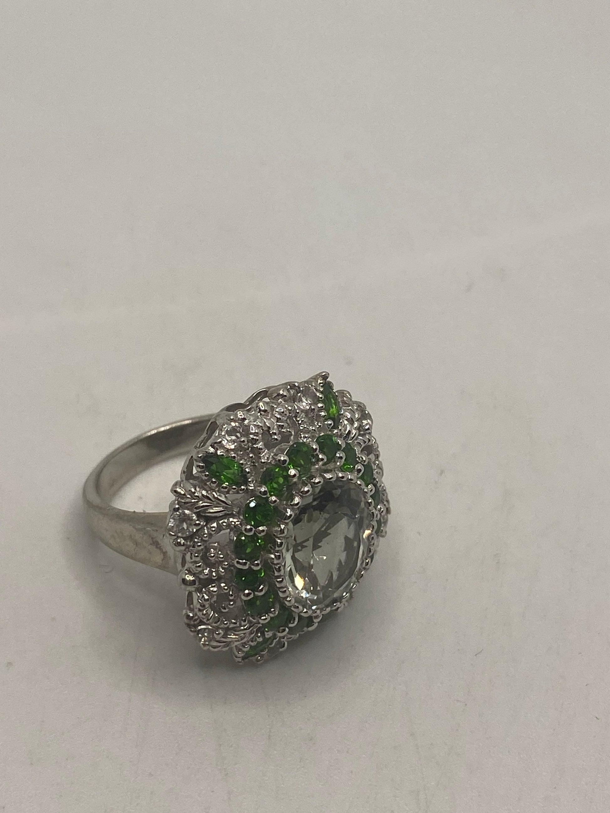 Vintage Green Amethyst, Crome Diopside and White Sapphire 925 Sterling Silver Cocktail Ring