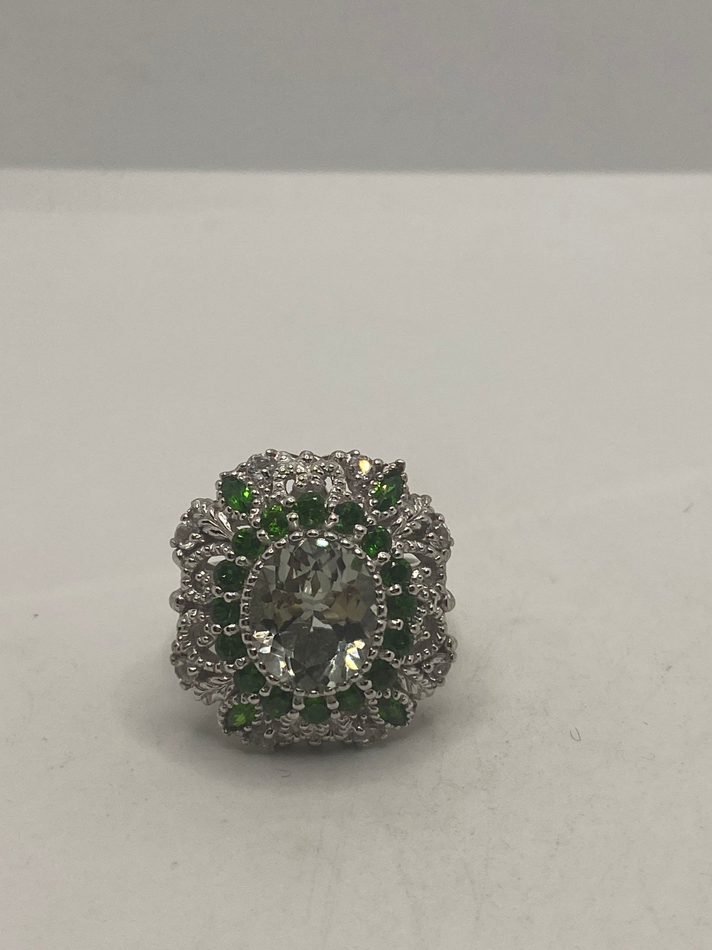 Vintage Green Amethyst, Crome Diopside and White Sapphire 925 Sterling Silver Cocktail Ring