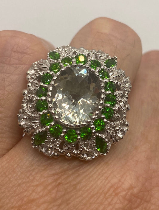 Vintage Green Amethyst, Crome Diopside and White Sapphire 925 Sterling Silver Cocktail Ring