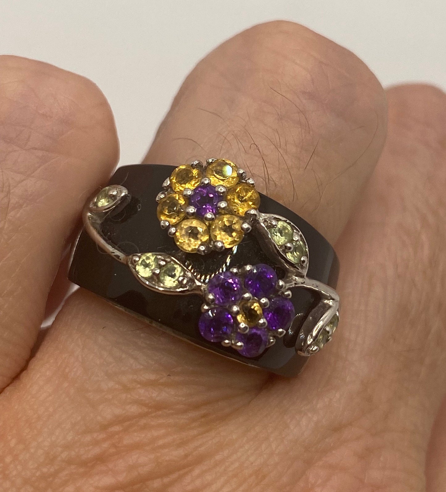 Vintage Citrine Green Peridot and Amethyst Over Black Onyx 925 Sterling Silver Ring
