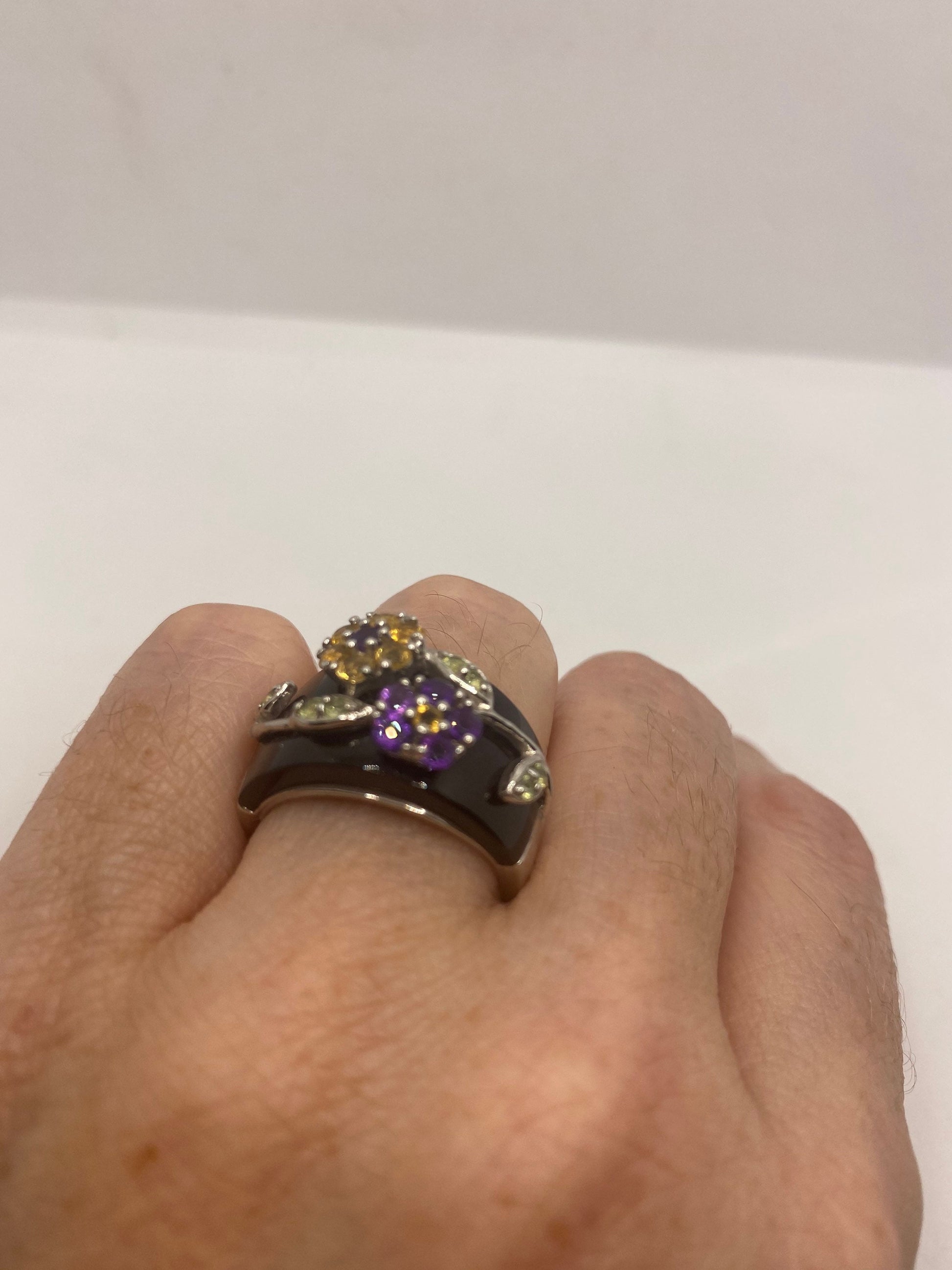 Vintage Citrine Green Peridot and Amethyst Over Black Onyx 925 Sterling Silver Ring