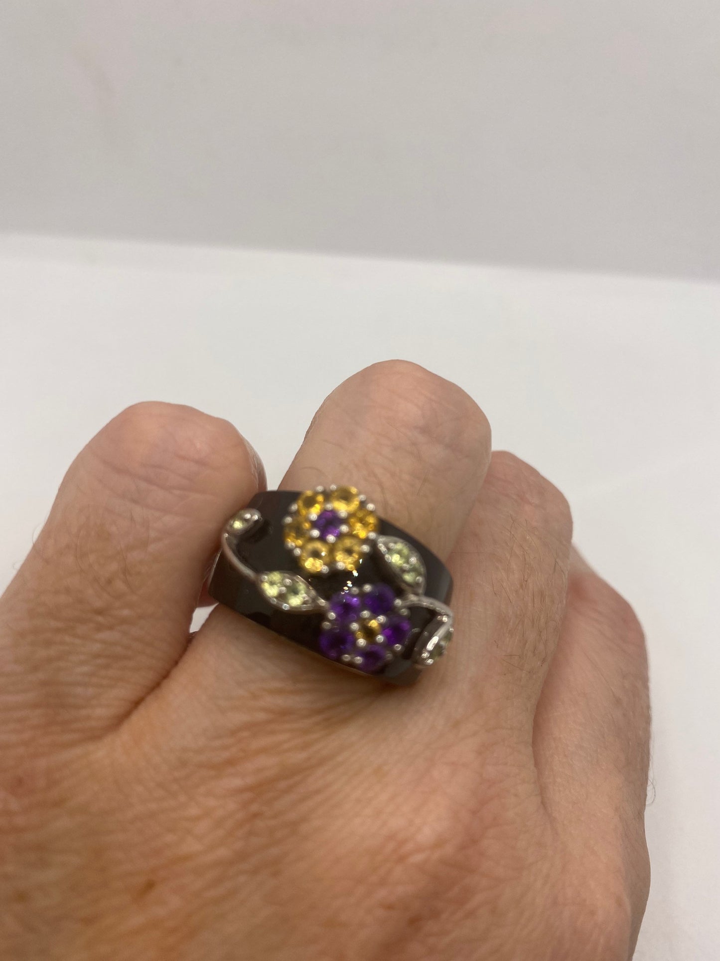 Vintage Citrine Green Peridot and Amethyst Over Black Onyx 925 Sterling Silver Ring