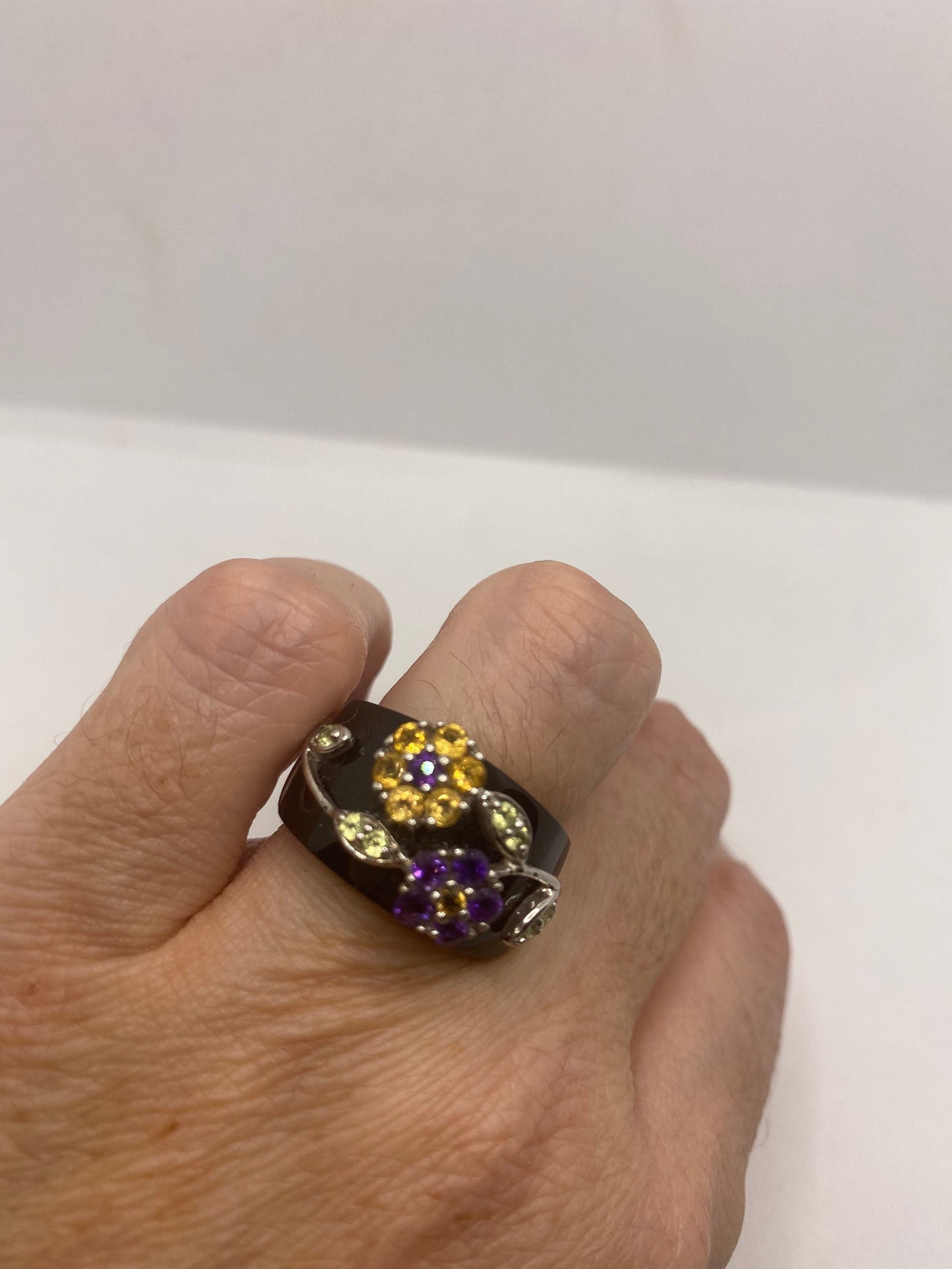 Vintage Citrine Green Peridot and Amethyst Over Black Onyx 925 Sterling Silver Ring