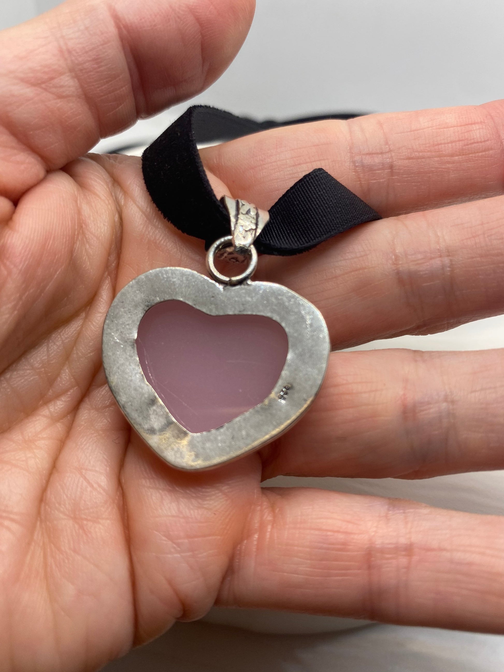 Vintage Handmade Silver Finish Rose Quartz Heart Choker Pendant