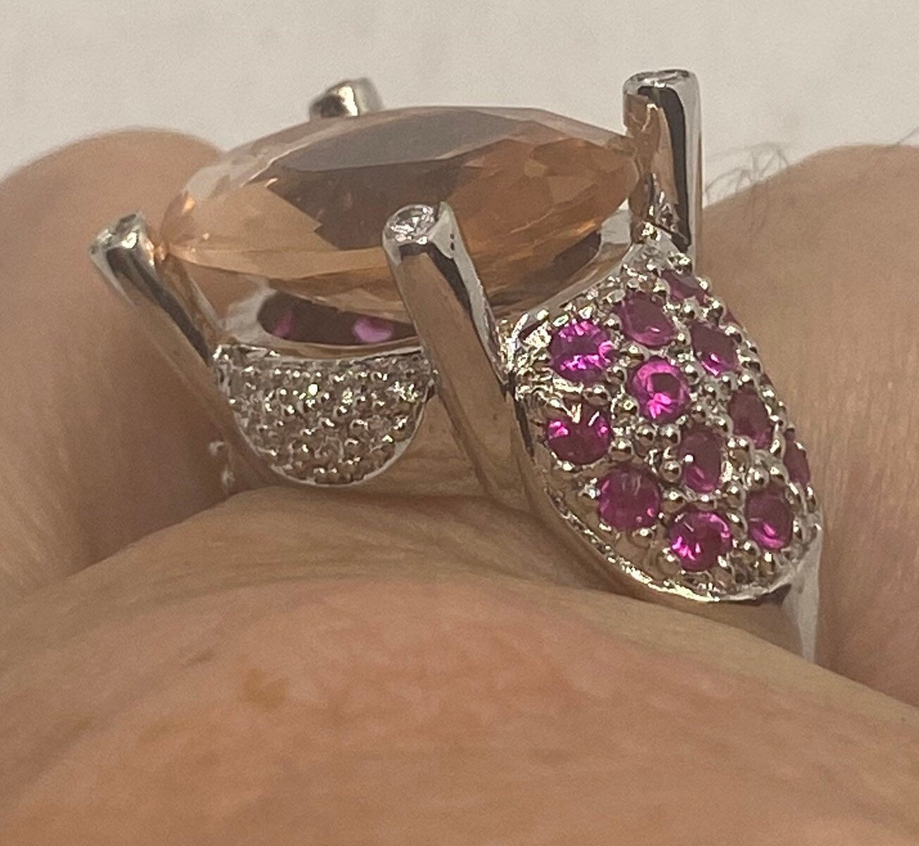 Vintage Pink Topaz and Ruby 925 Sterling Silver Cocktail Ring