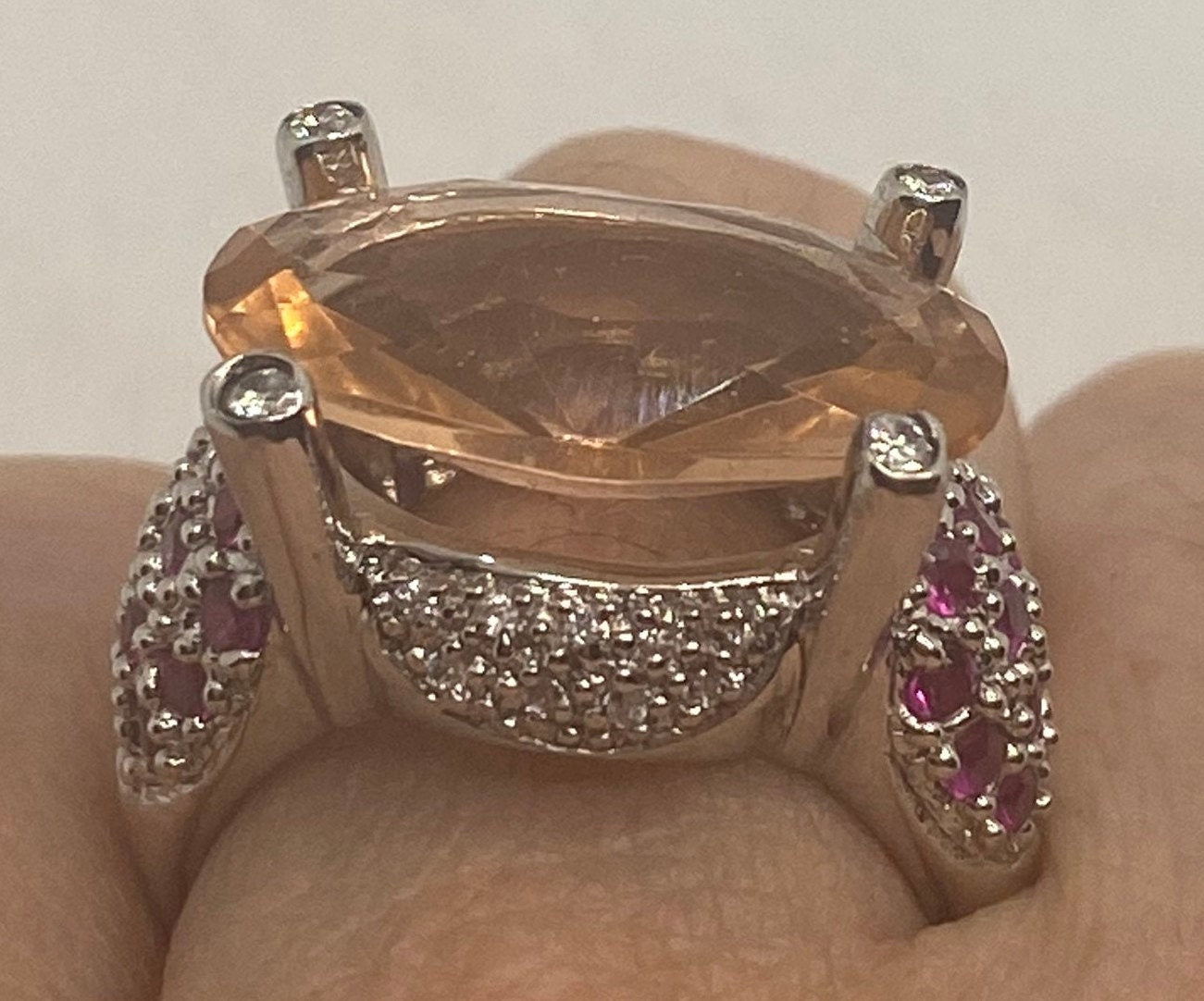 Vintage Pink Topaz and Ruby 925 Sterling Silver Cocktail Ring