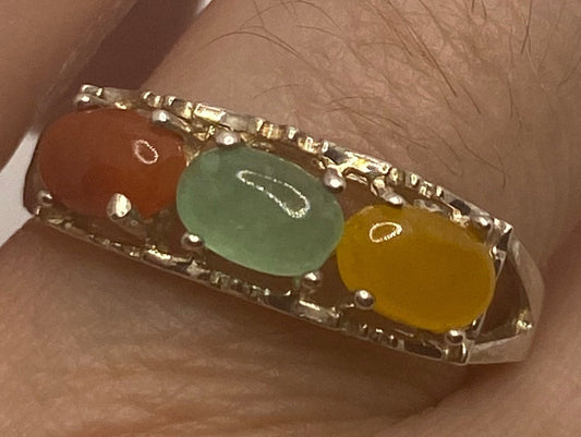 Vintage Green and Orange Jade 925 Sterling Silver Ring Size 9