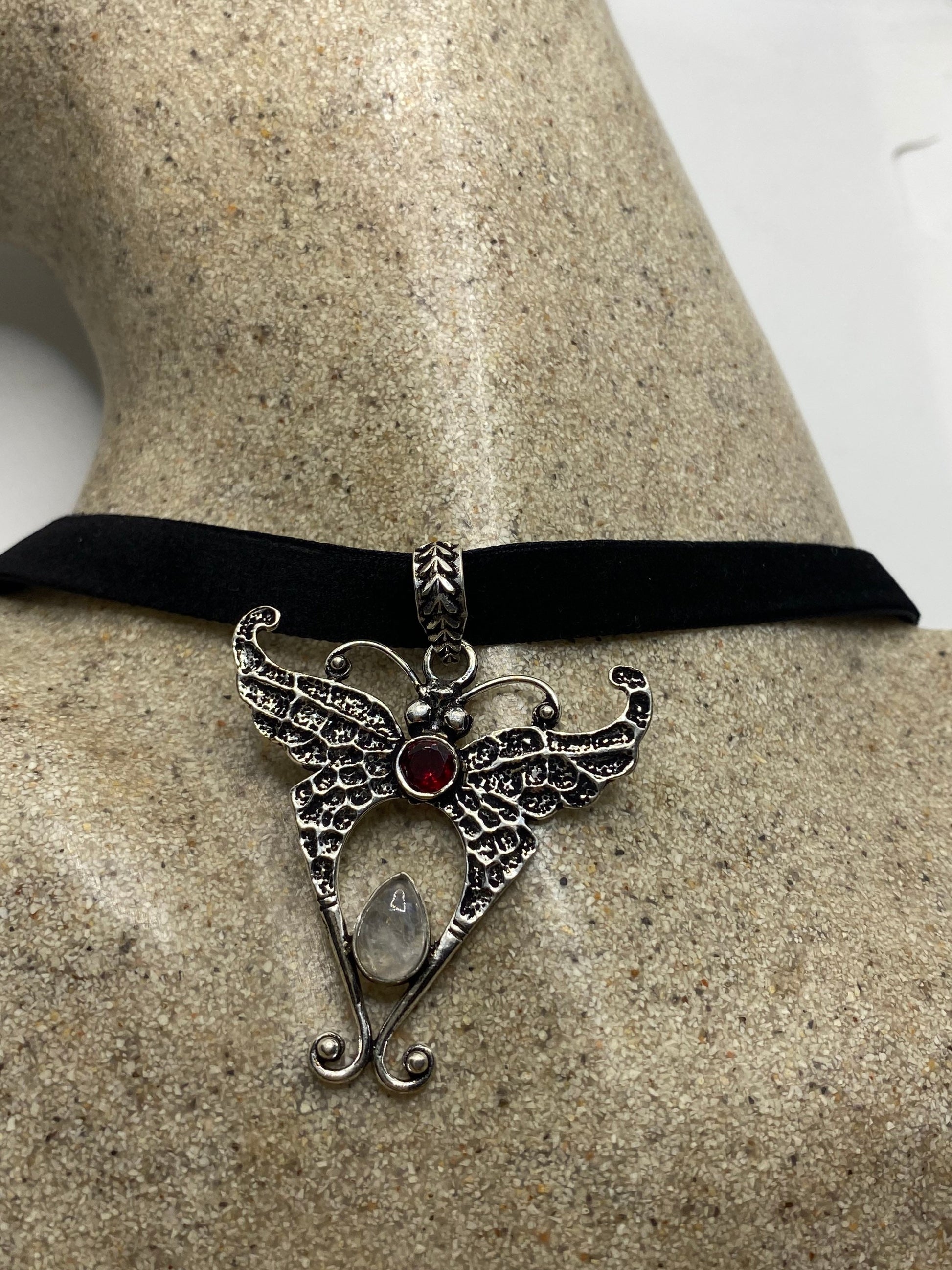 Vintage Lunar Moth Choker Rainbow Moonstone Red garnet Necklace