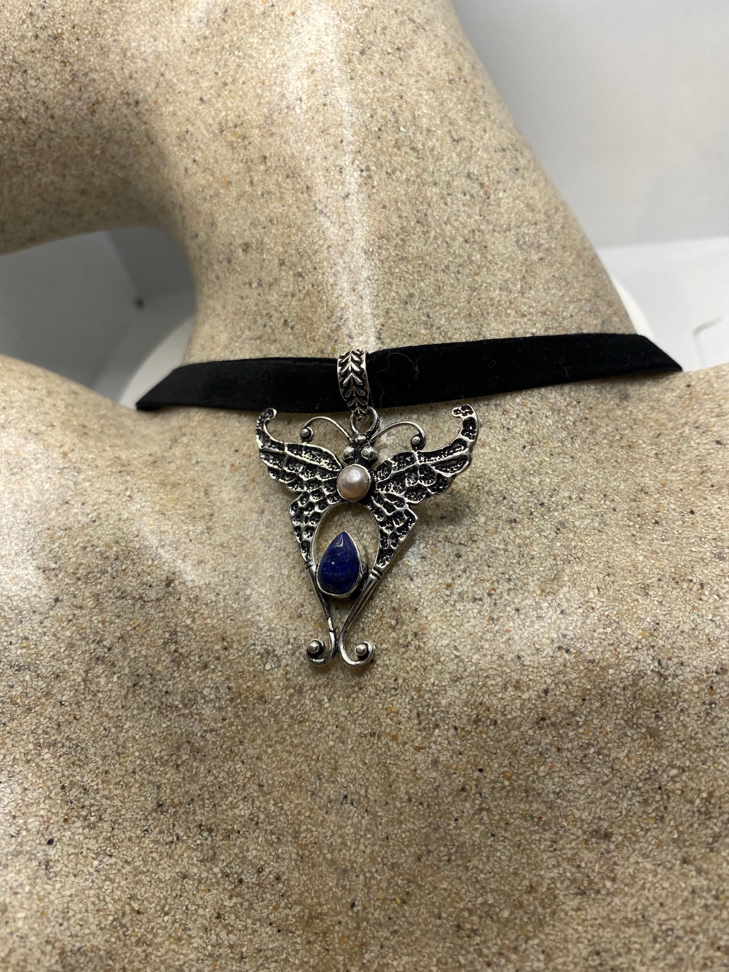 Vintage Lunar Moth Choker Blue Lapis and Pink Pearl Necklace