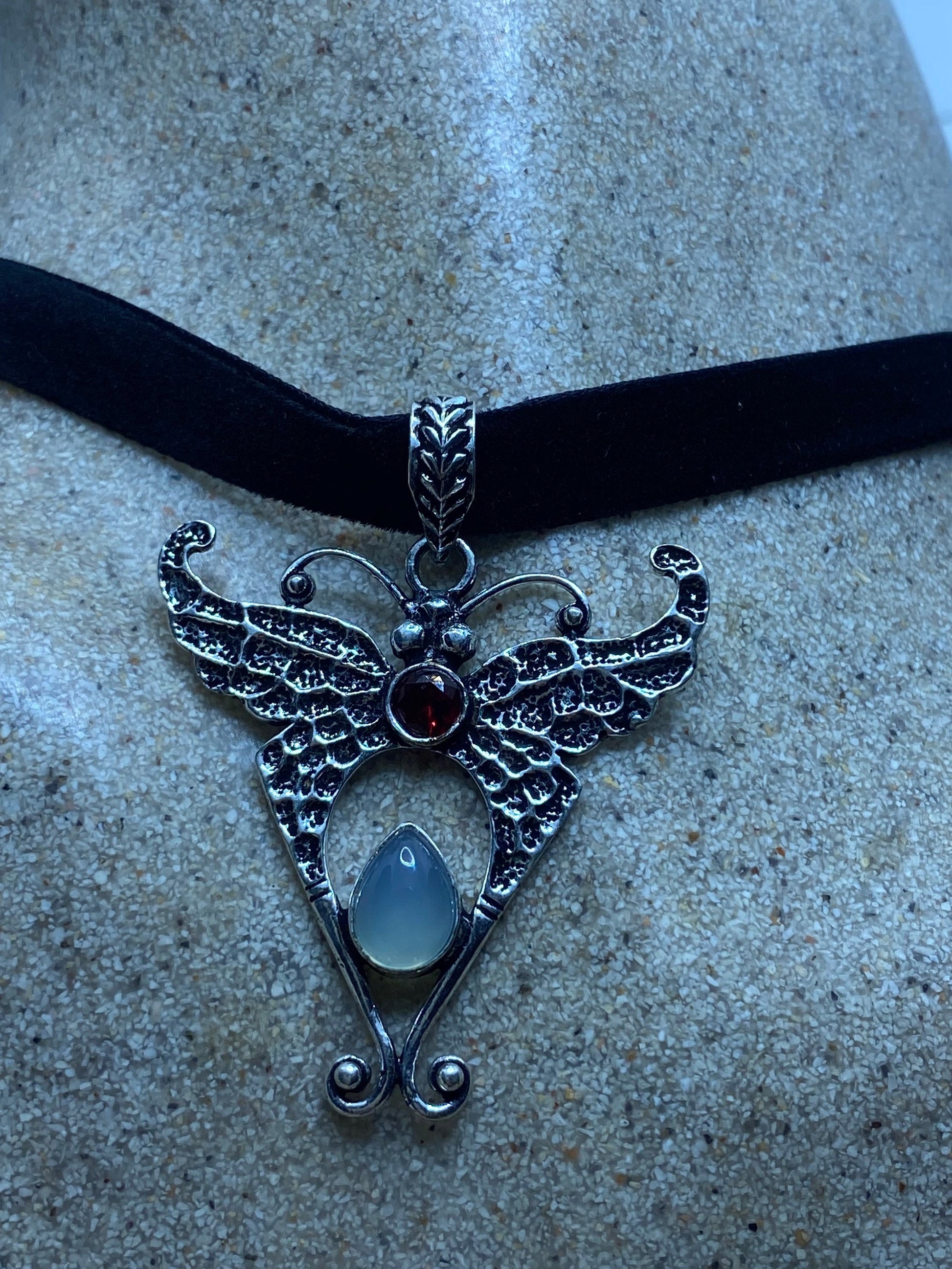 Vintage Lunar Moth Choker Blue Chalcedony Red garnet Necklace