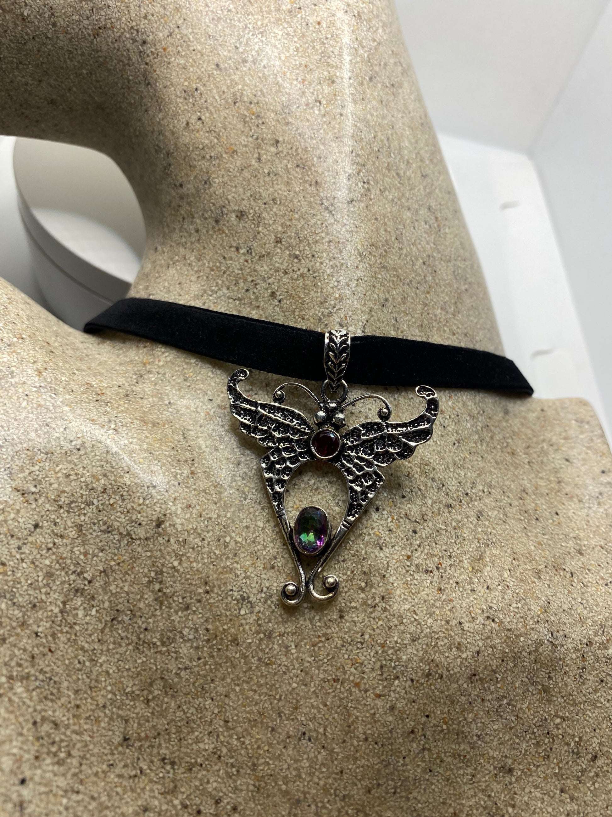 Vintage Lunar Moth Choker Blue Mystic Topaz and Garnet Necklace