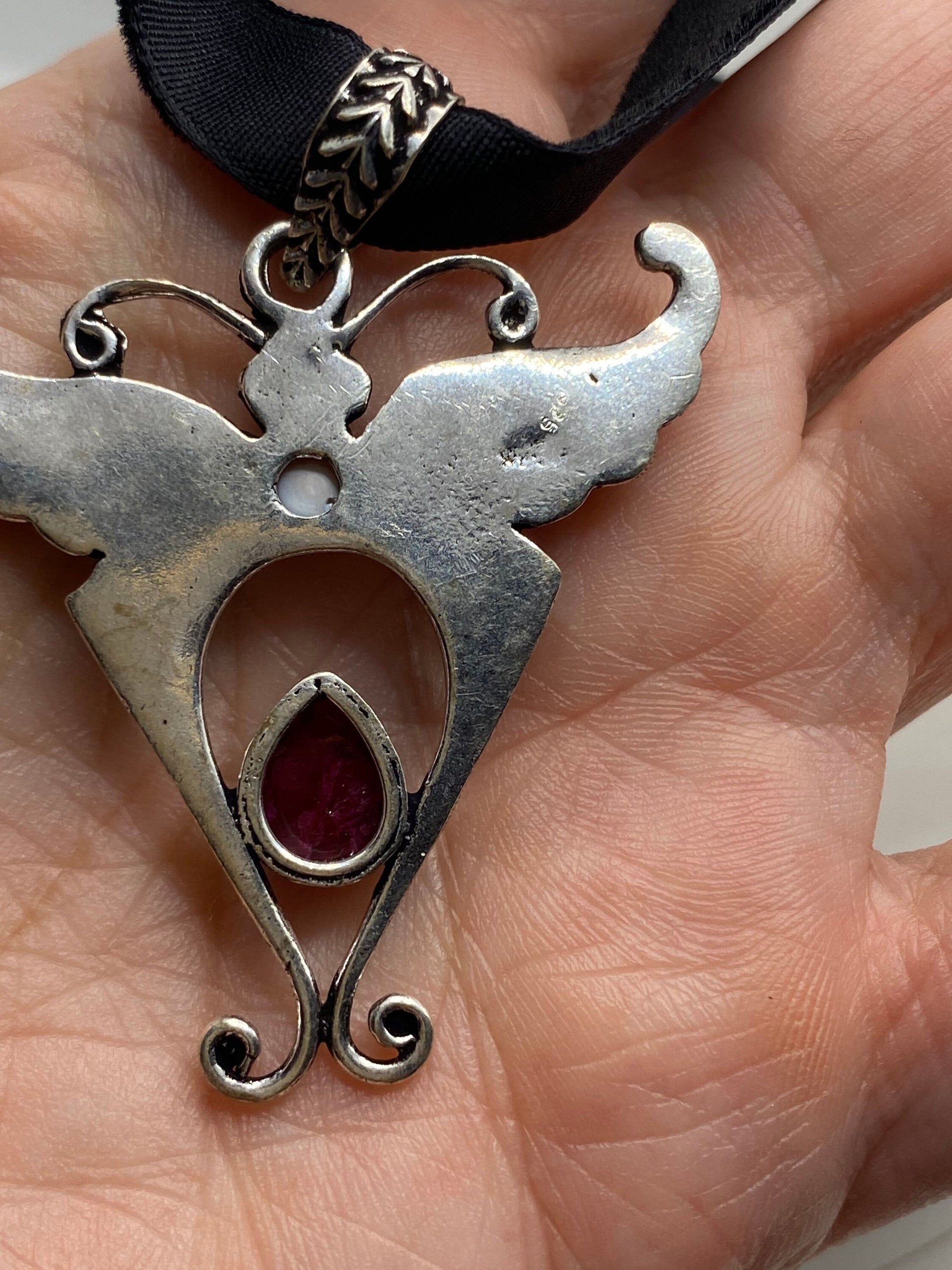 Vintage Lunar Moth Choker Blue Mystic Topaz and Garnet Necklace